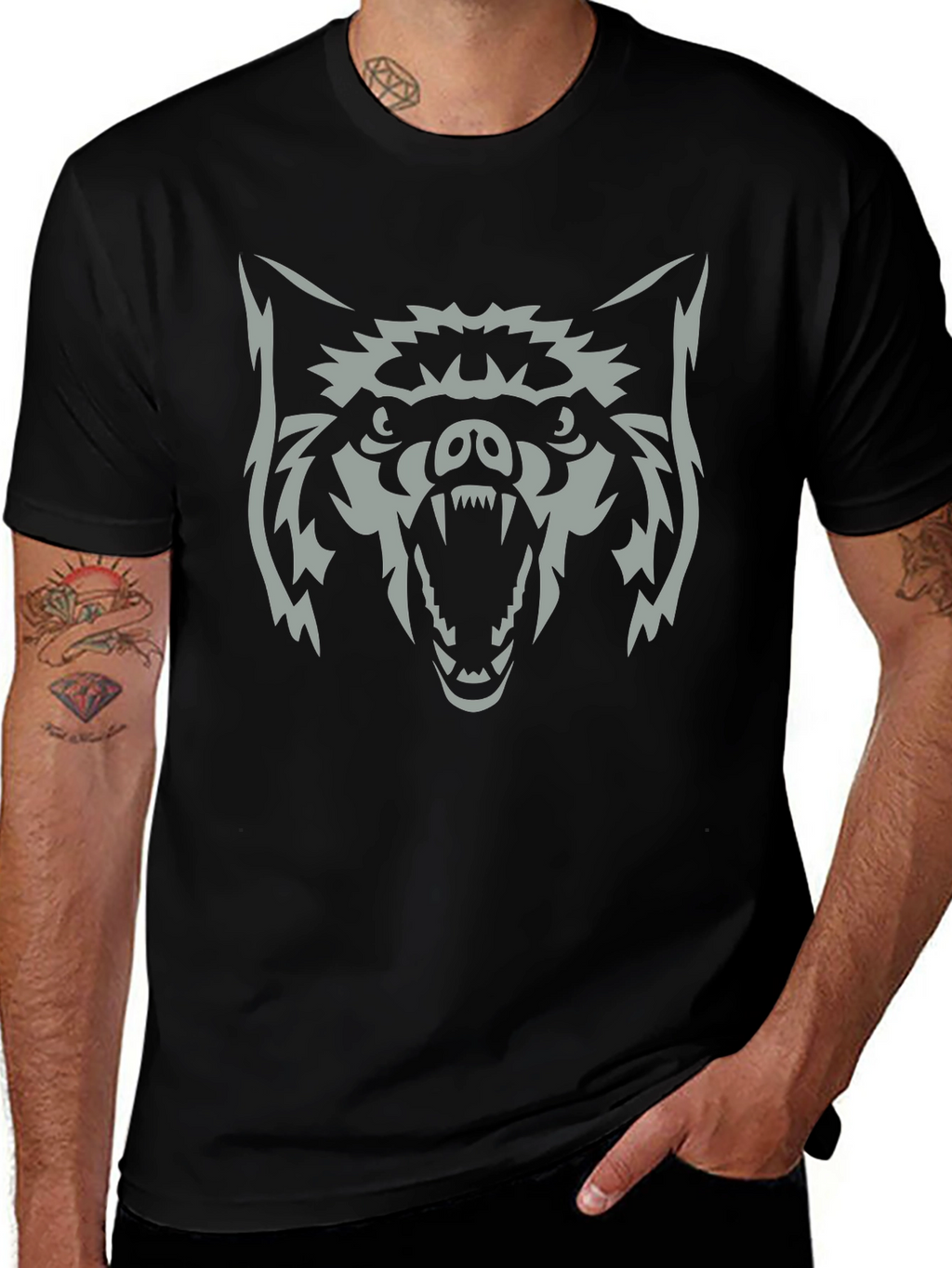 Mens Black T-Shirt with Wolf Graphic