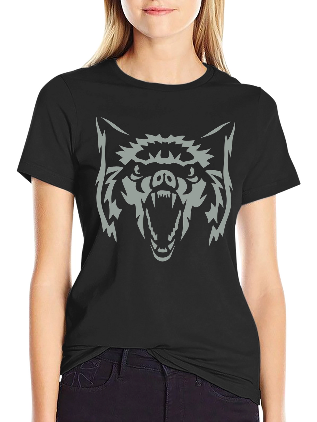 Mens Black T-Shirt with Wolf Graphic