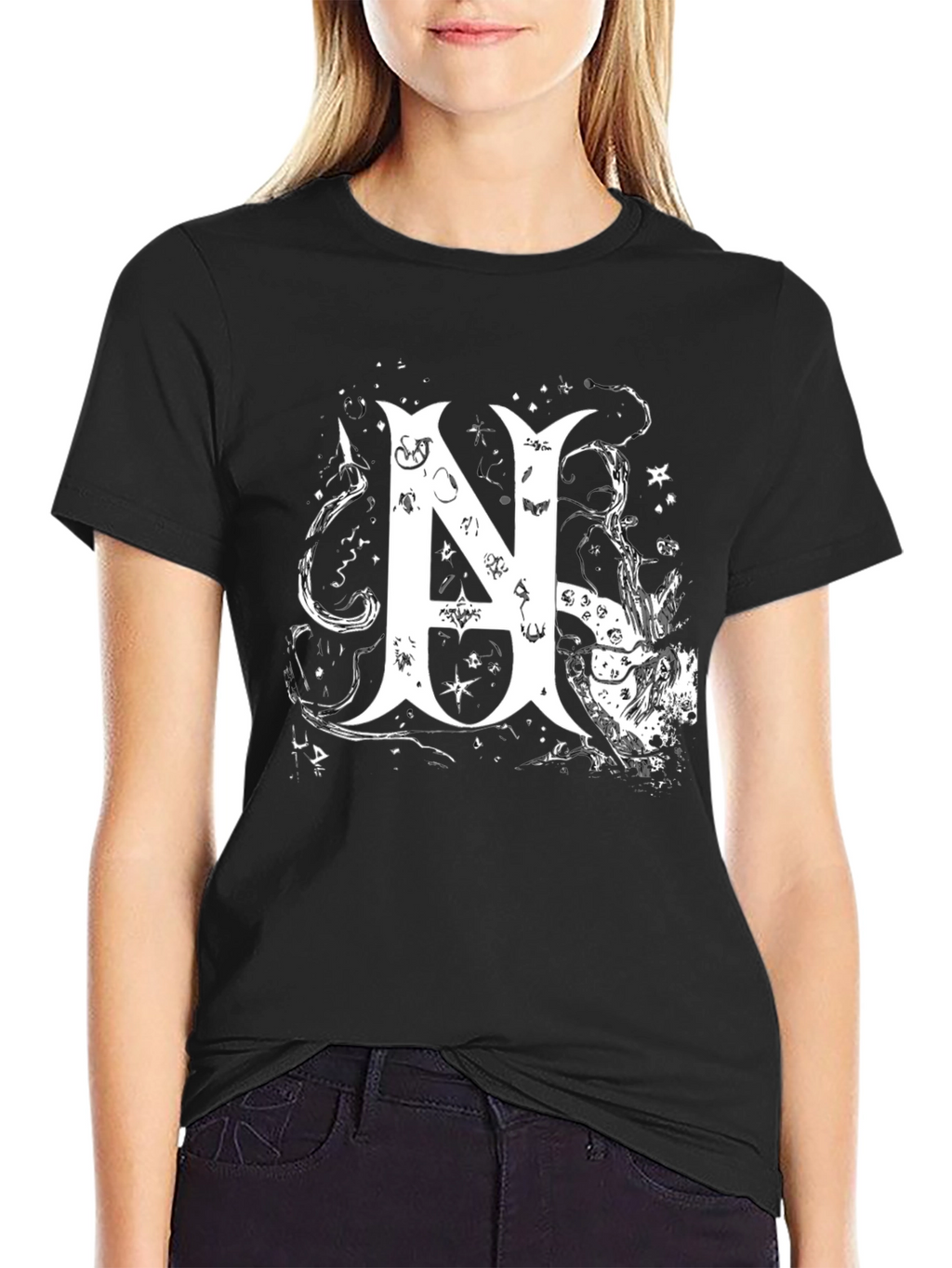 Black Tee with White Abstract Letter N Design