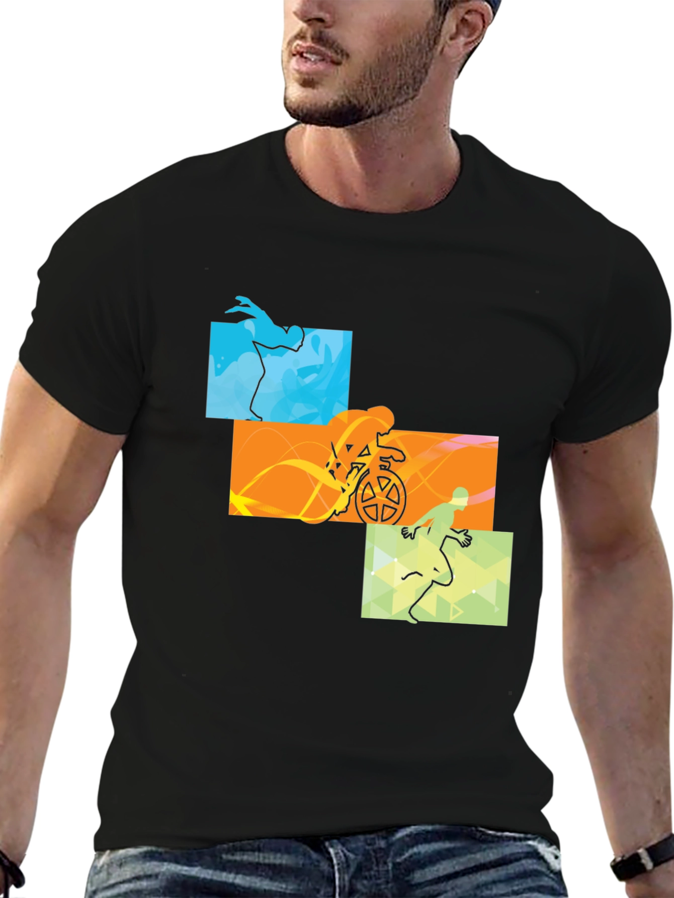 Triathlon Black T-Shirt: Swim Cycle Run Design