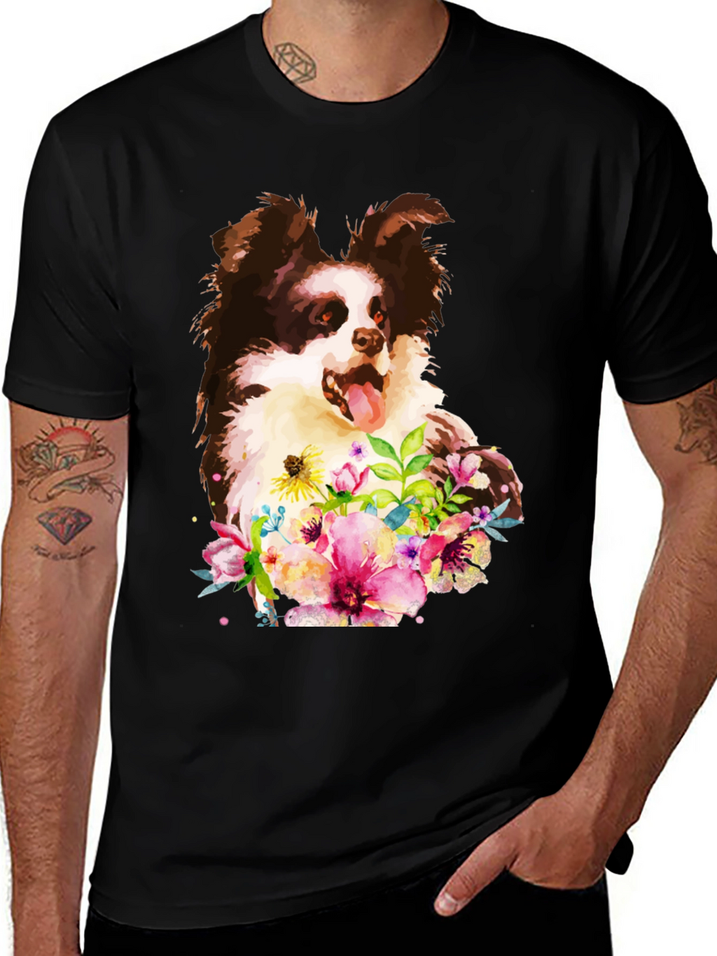 Dog & Floral Black T-Shirt - Unique Design
