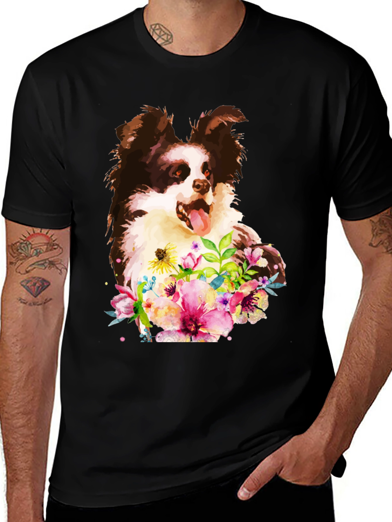 Dog & Floral Black T-Shirt - Unique Design