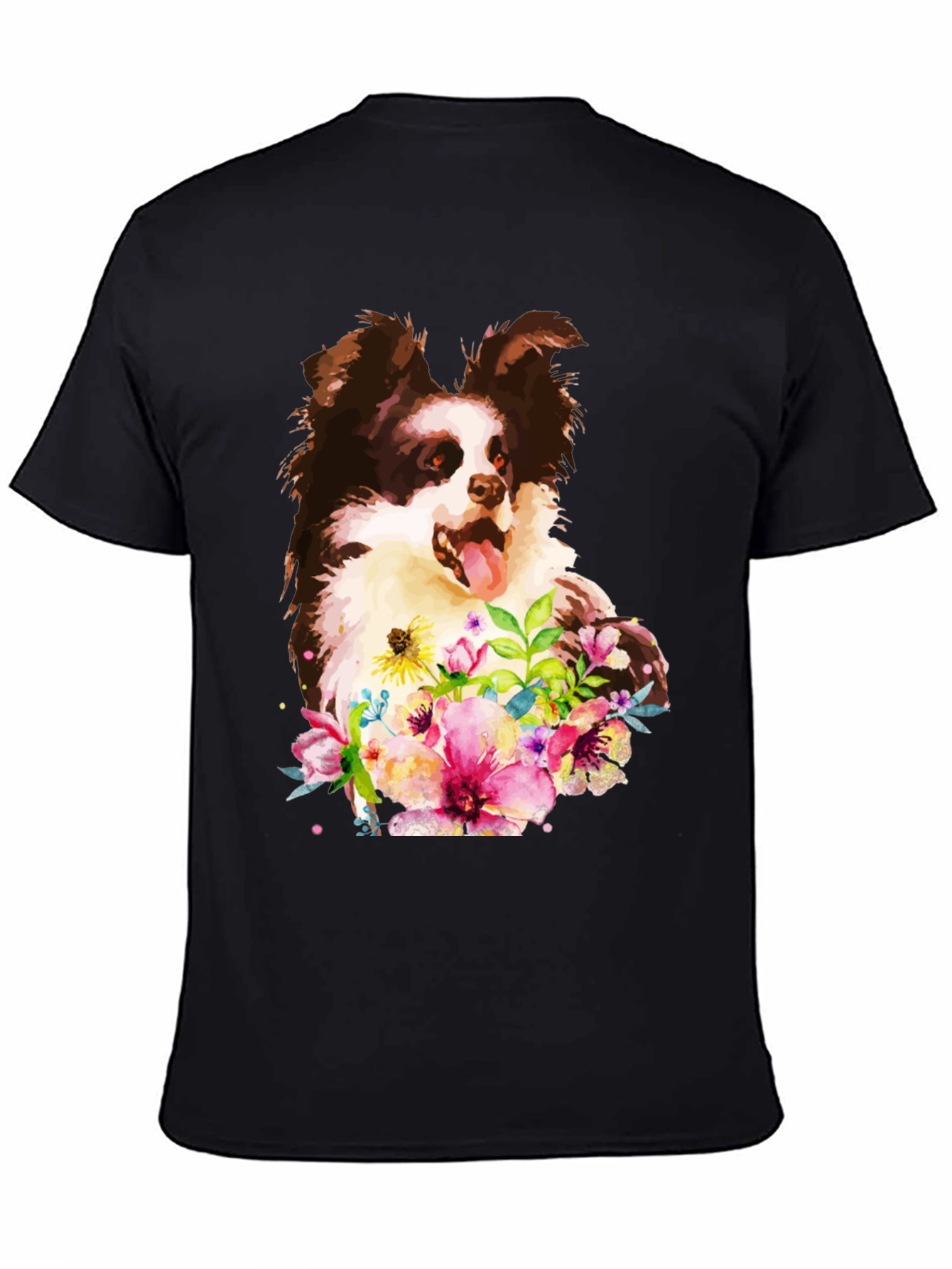 Dog & Floral Black T-Shirt - Unique Design