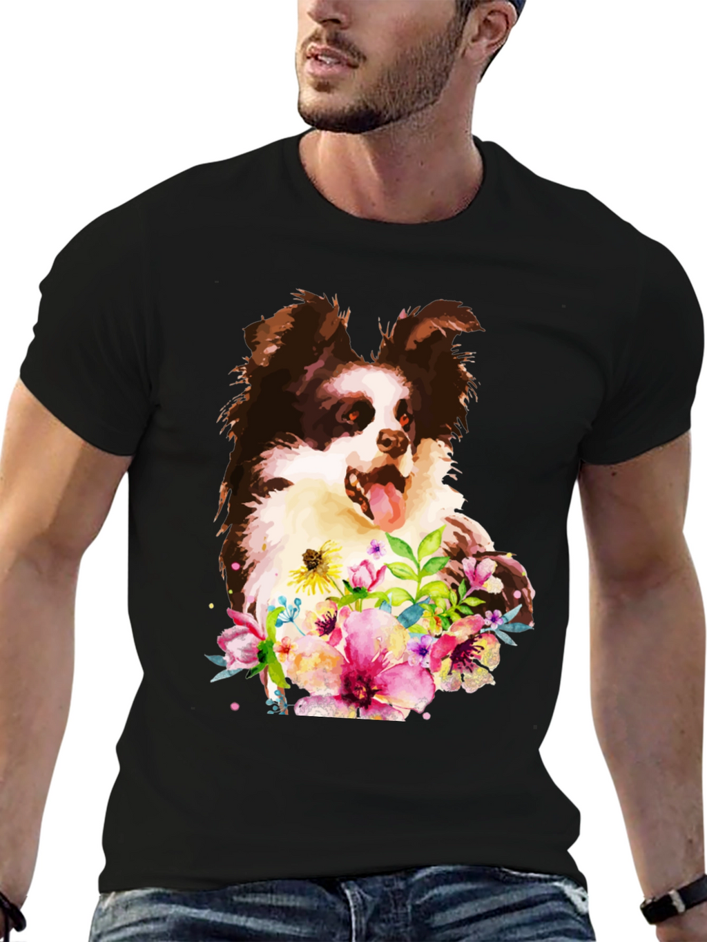Dog & Floral Black T-Shirt - Unique Design