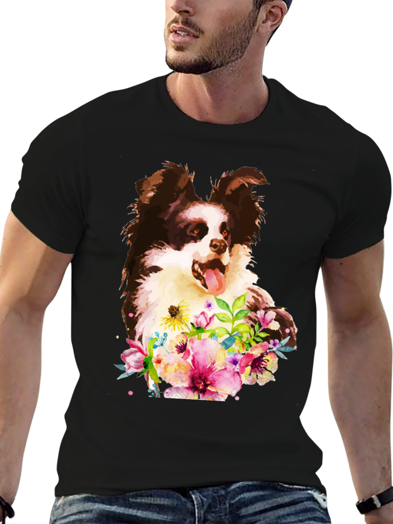 Dog & Floral Black T-Shirt - Unique Design
