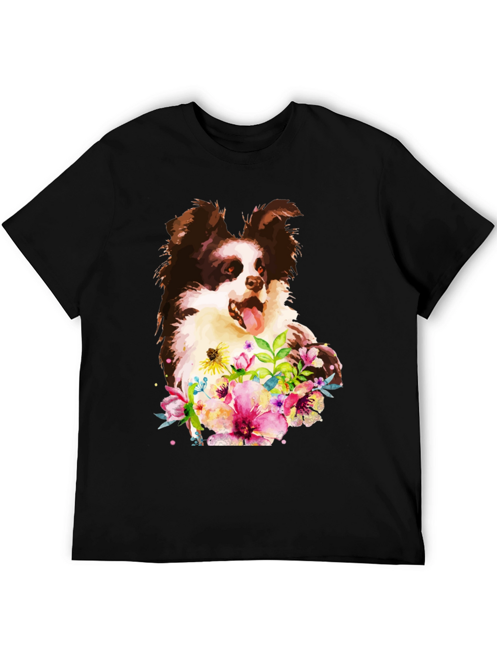 Dog & Floral Black T-Shirt - Unique Design