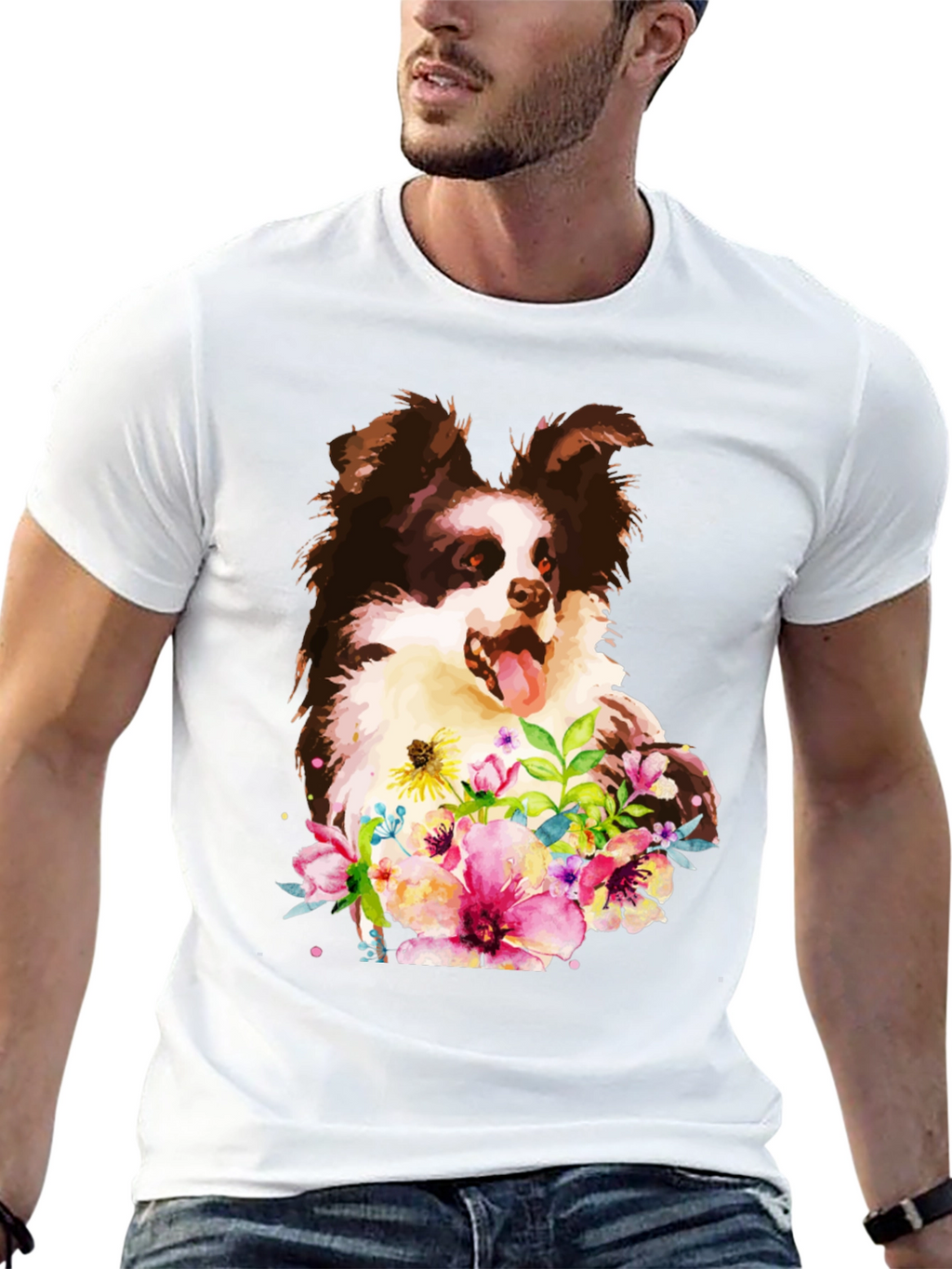 Dog & Floral Black T-Shirt - Unique Design