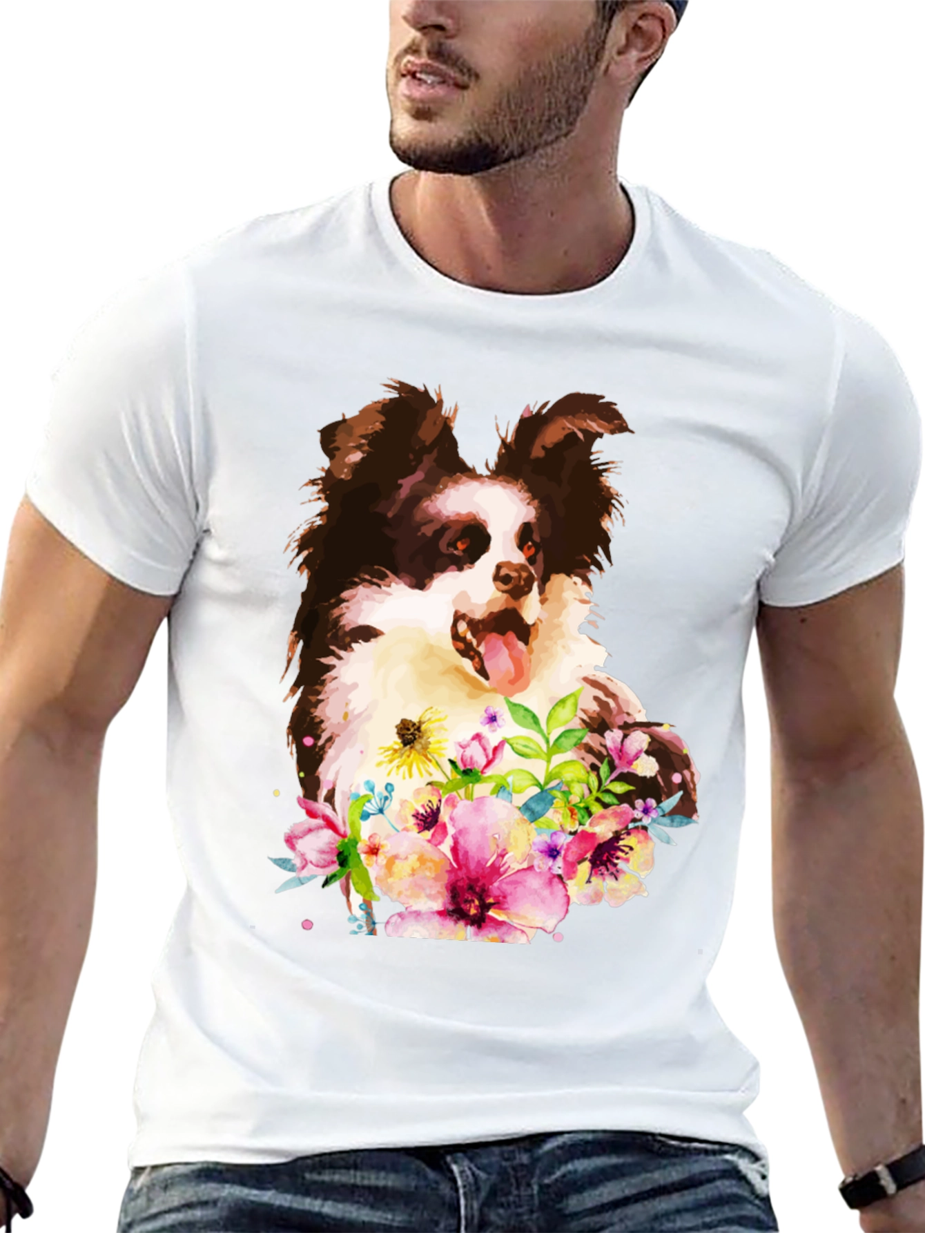 Dog & Floral Black T-Shirt - Unique Design