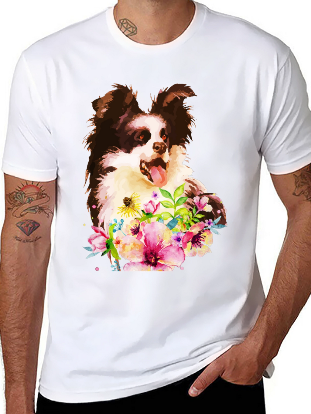 Dog & Floral Black T-Shirt - Unique Design