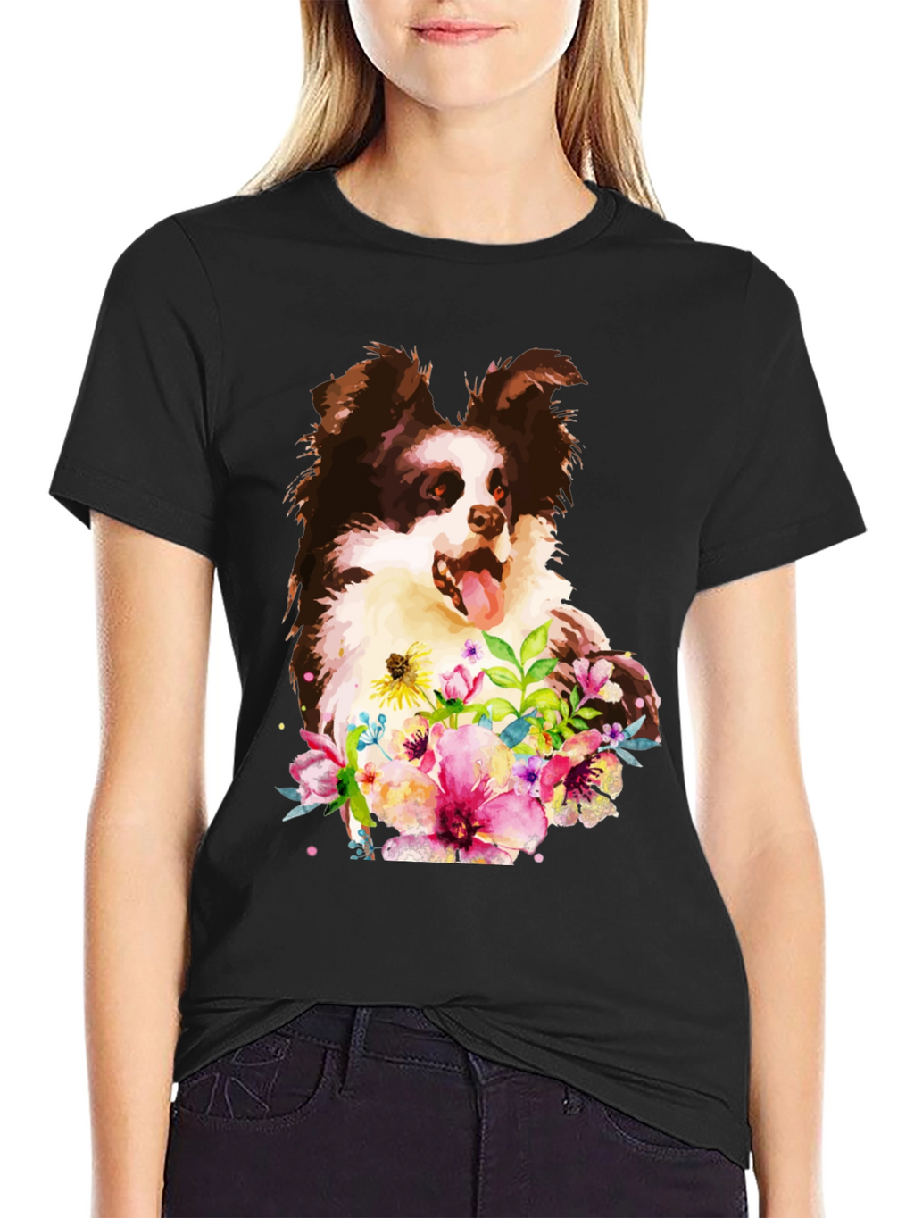 Dog & Floral Black T-Shirt - Unique Design