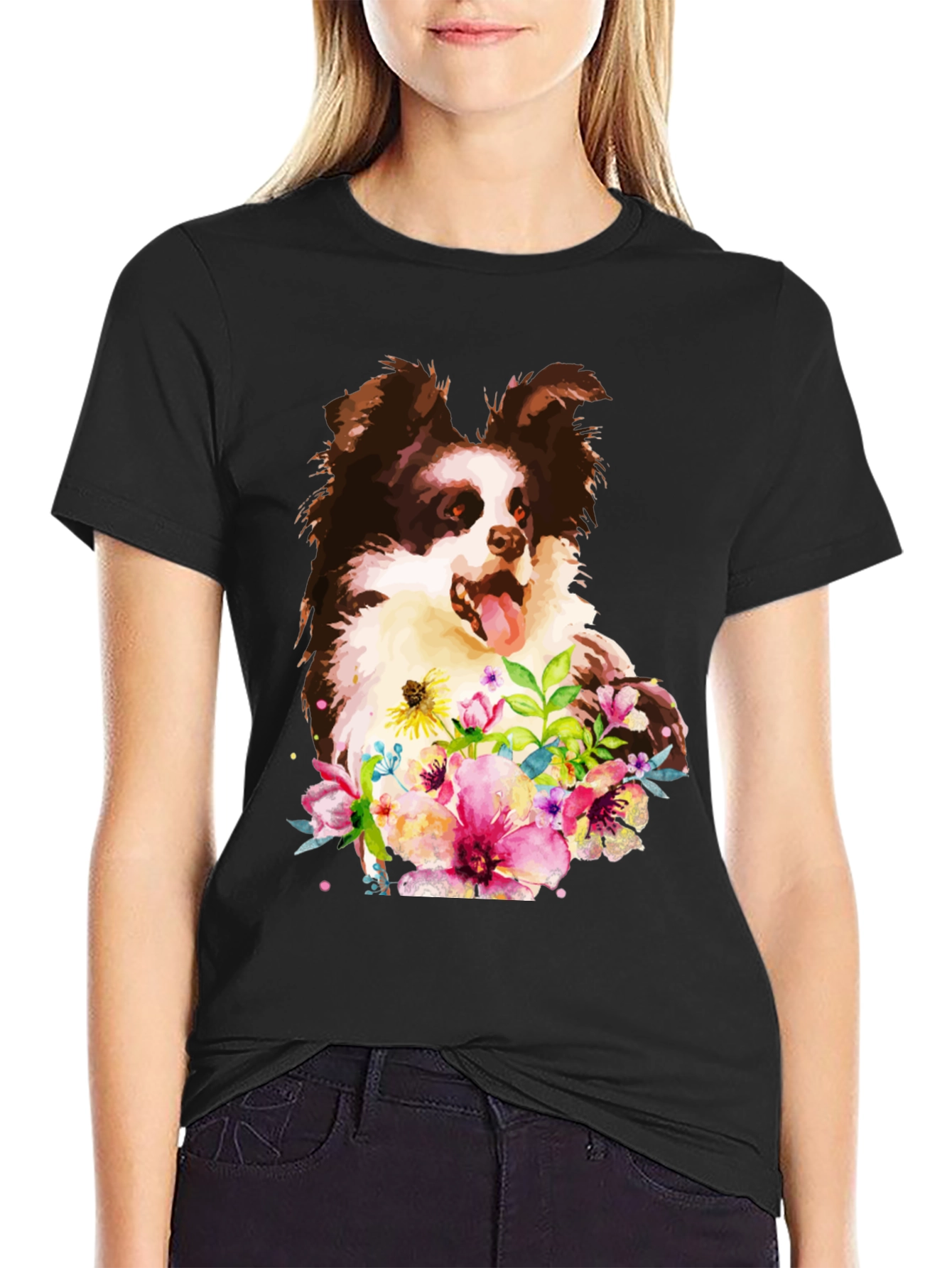 Dog & Floral Black T-Shirt - Unique Design