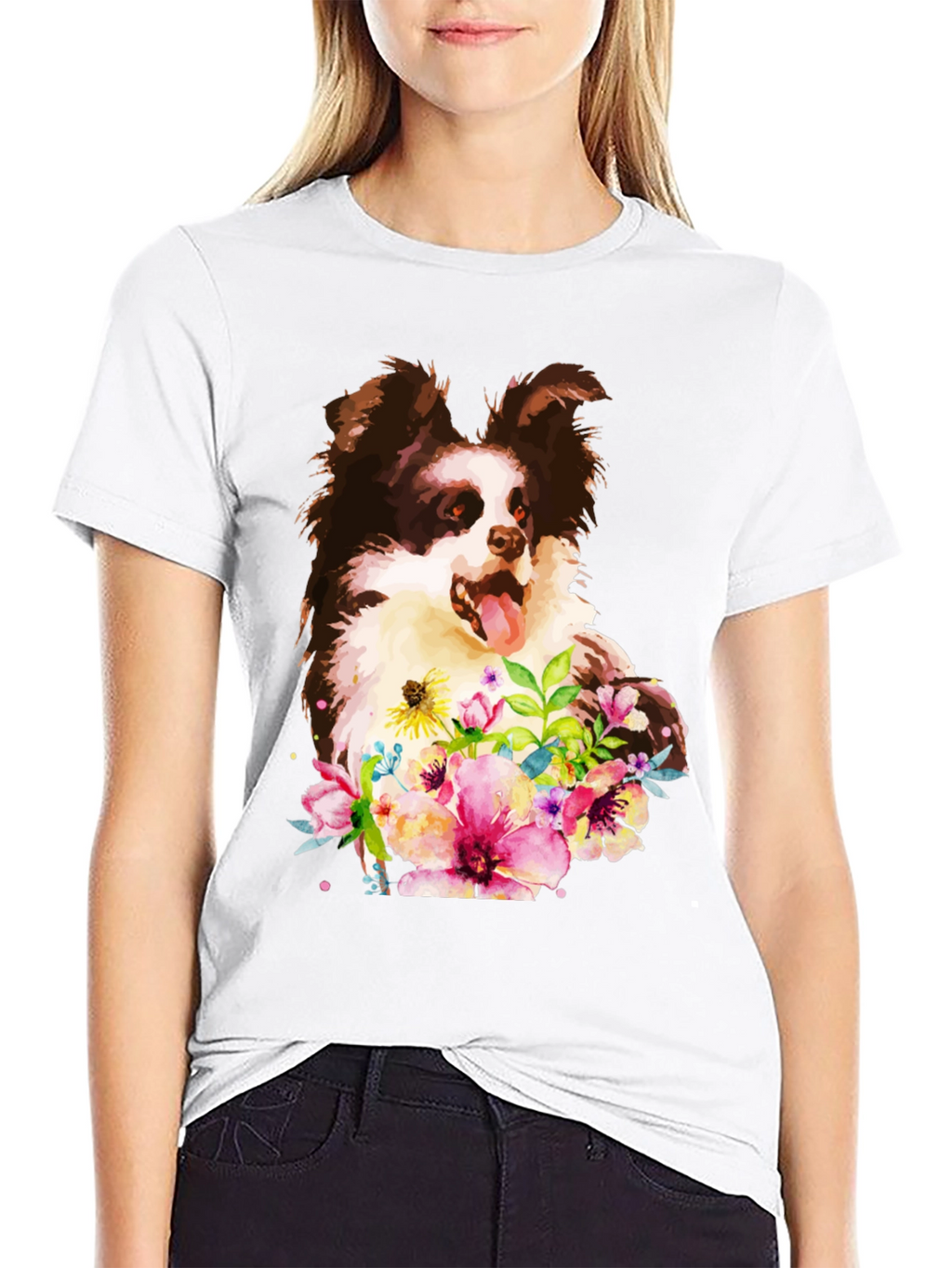 Dog & Floral Black T-Shirt - Unique Design