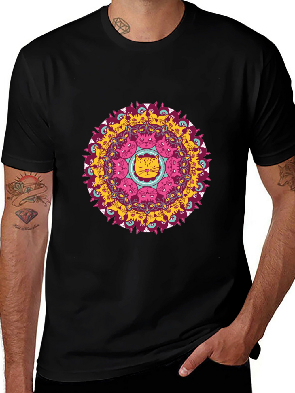 Cat Mandala Graphic Print Black T-Shirt