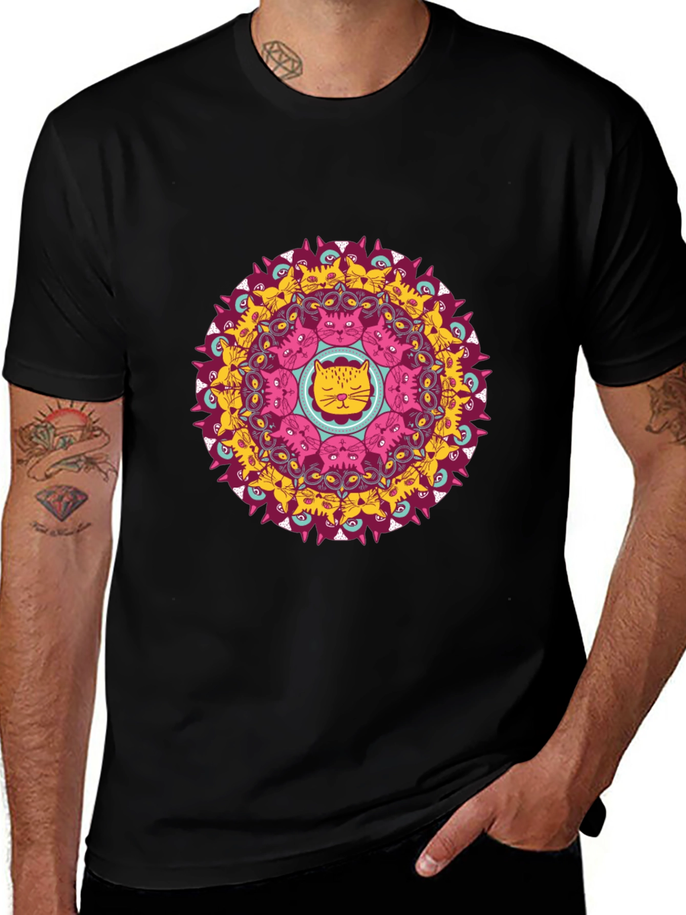 Cat Mandala Graphic Print Black T-Shirt