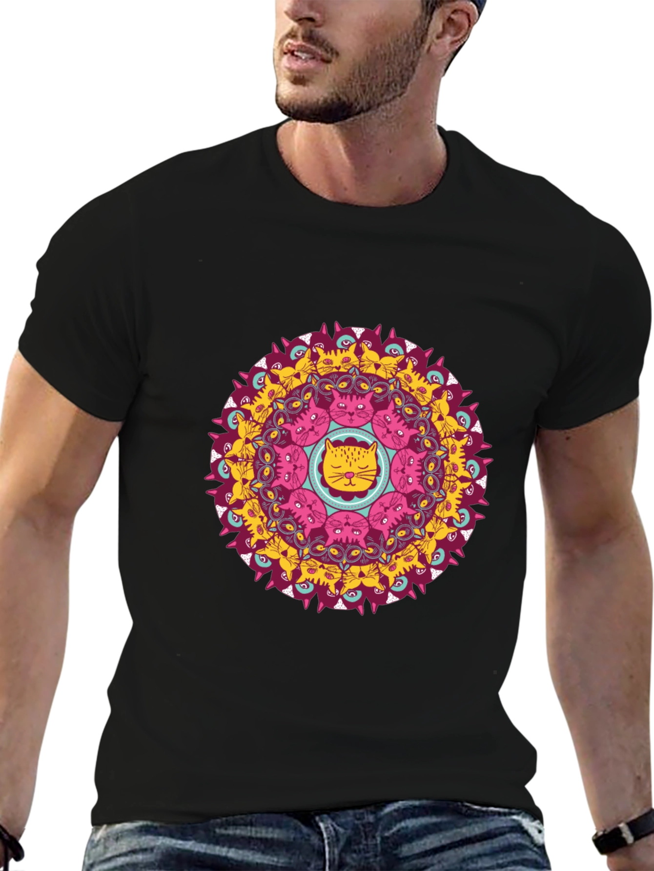 Cat Mandala Graphic Print Black T-Shirt