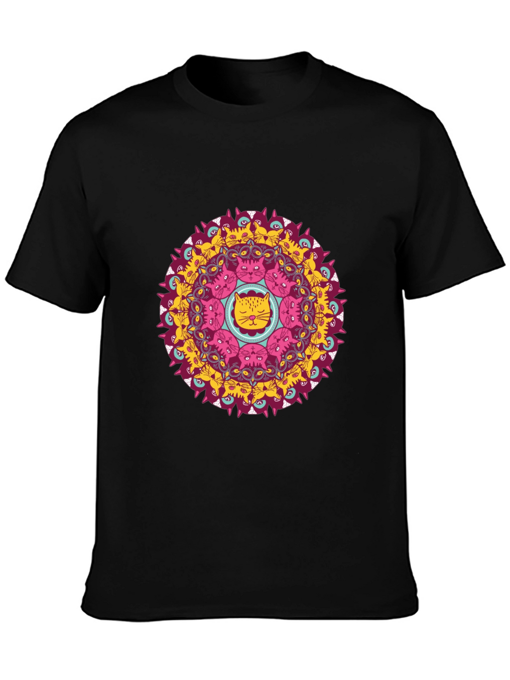 Cat Mandala Graphic Print Black T-Shirt