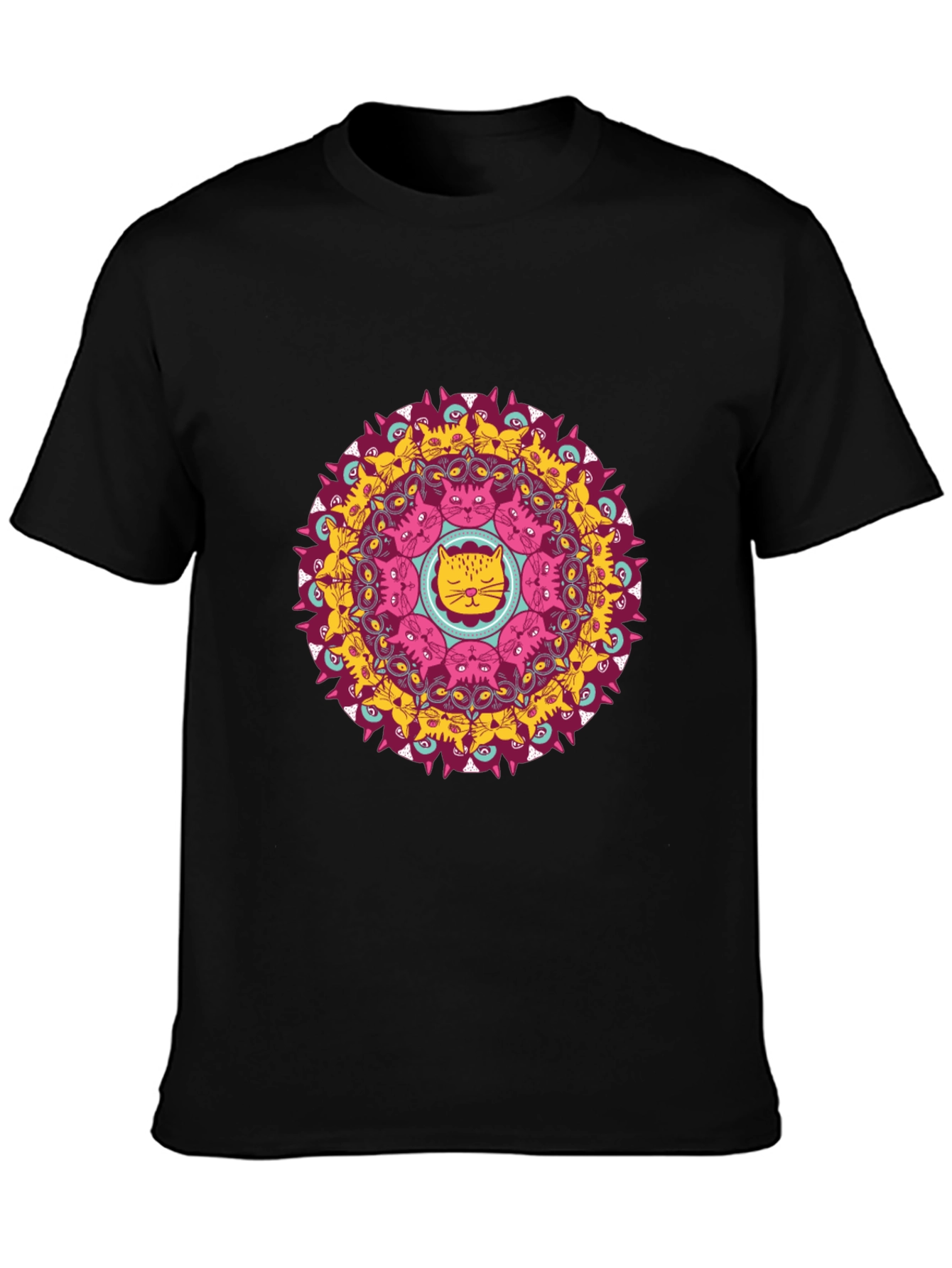 Cat Mandala Graphic Print Black T-Shirt