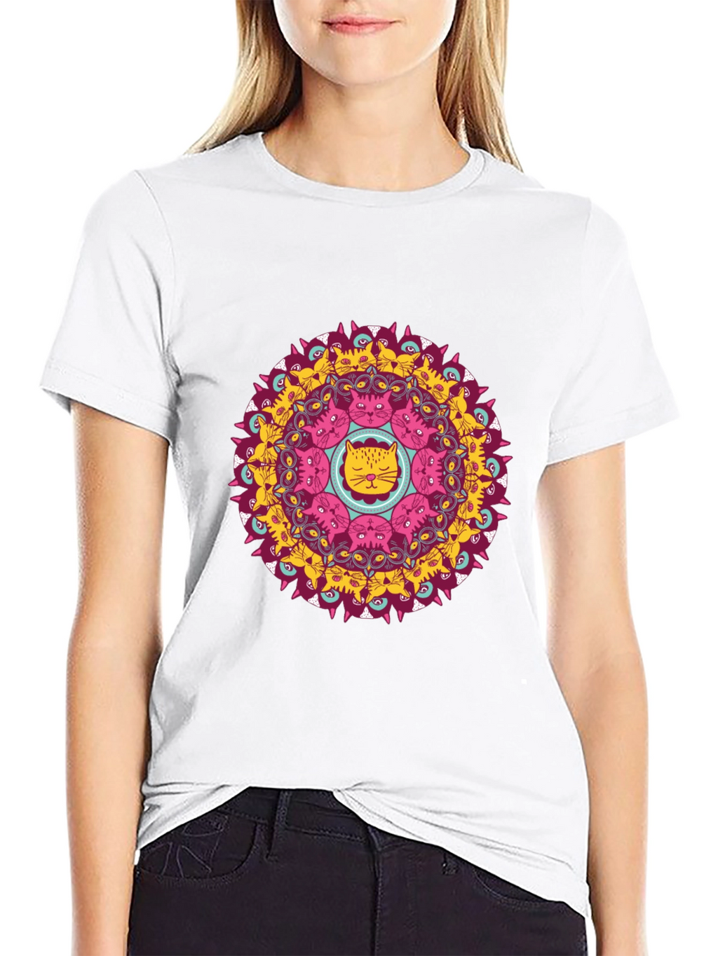 Cat Mandala Graphic Print Black T-Shirt