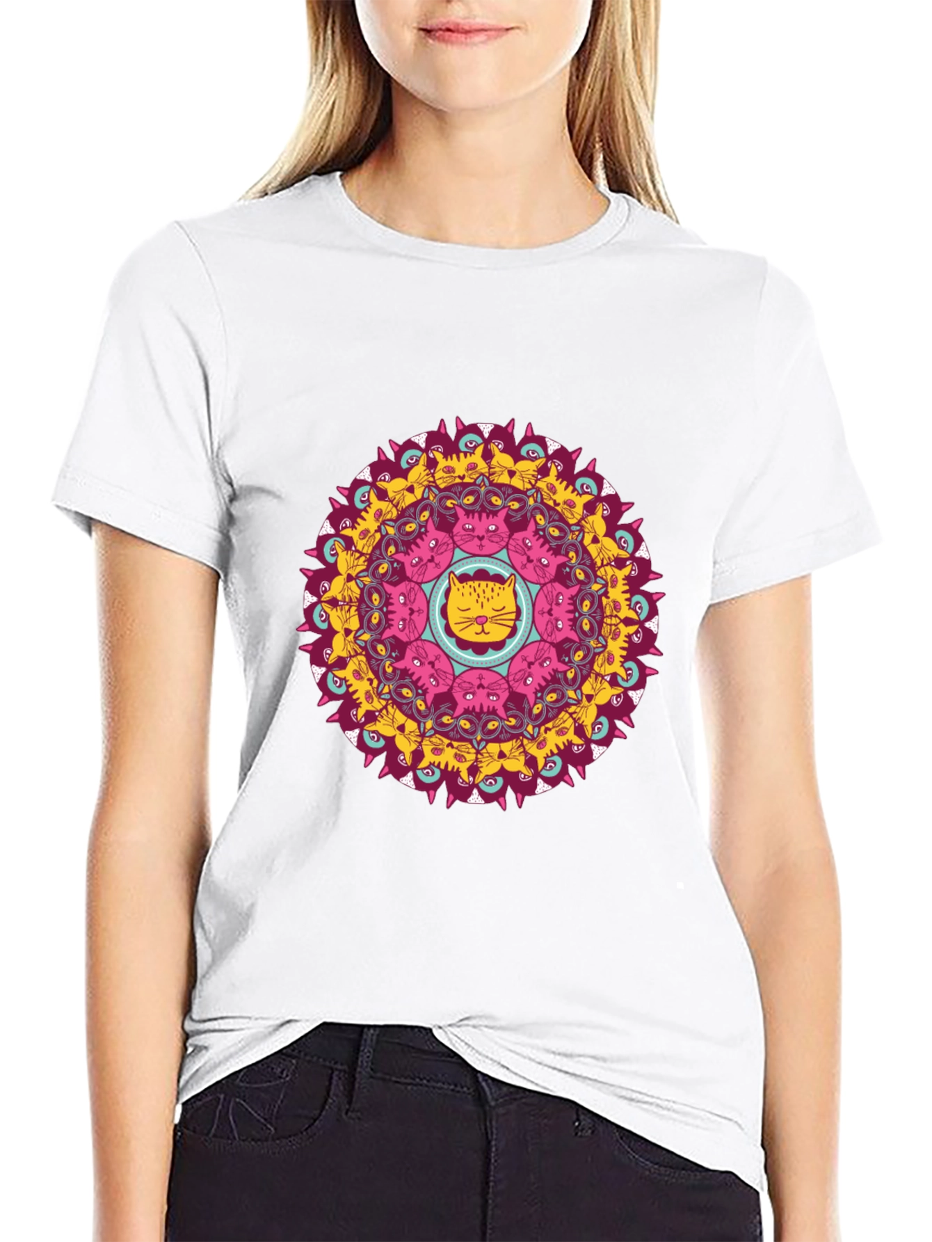 Cat Mandala Graphic Print Black T-Shirt