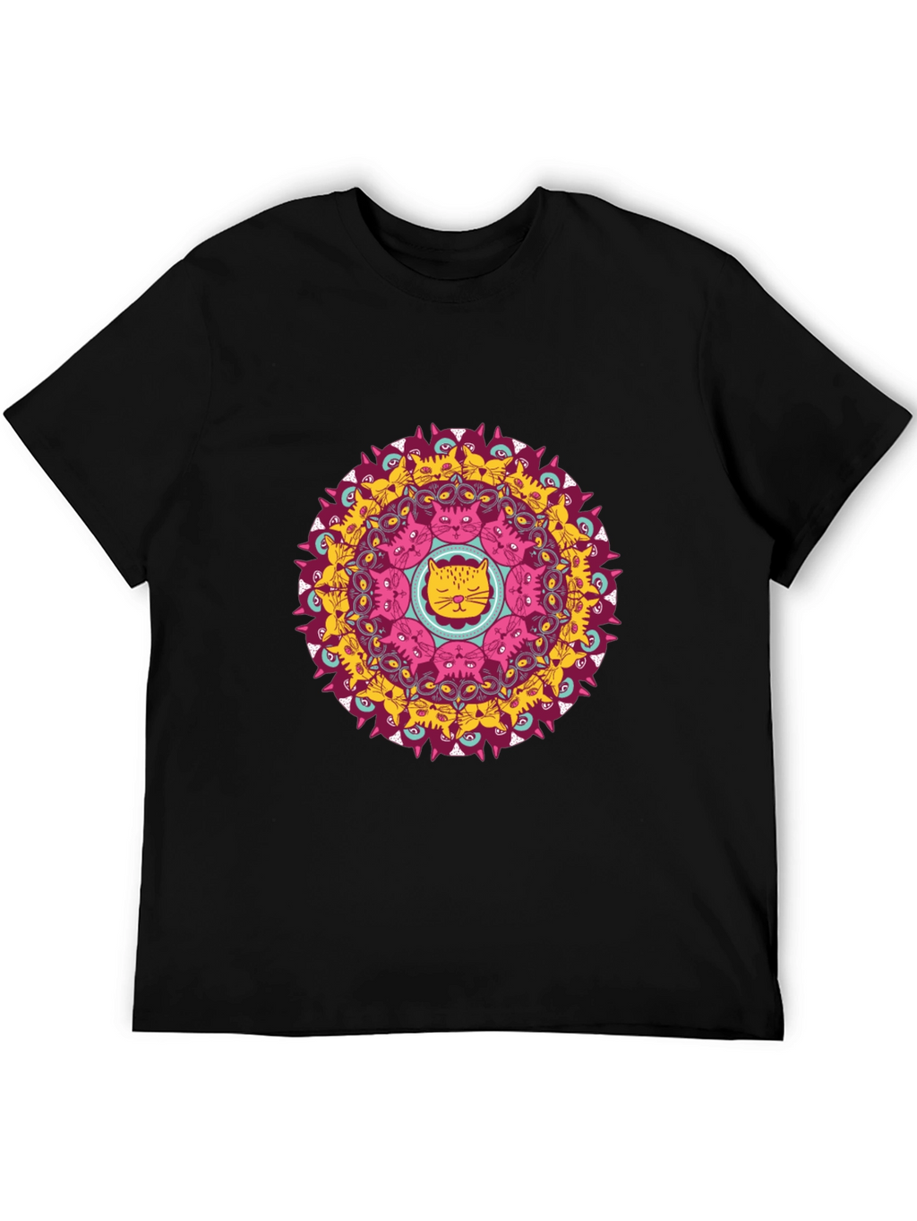 Cat Mandala Graphic Print Black T-Shirt