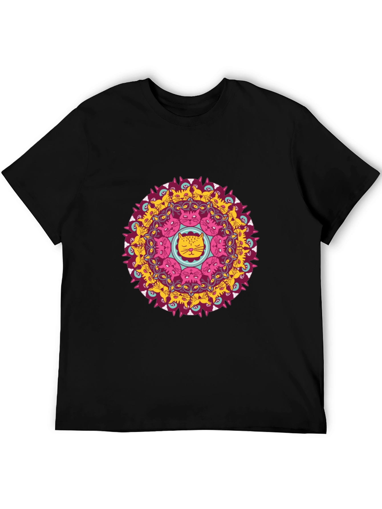 Cat Mandala Graphic Print Black T-Shirt