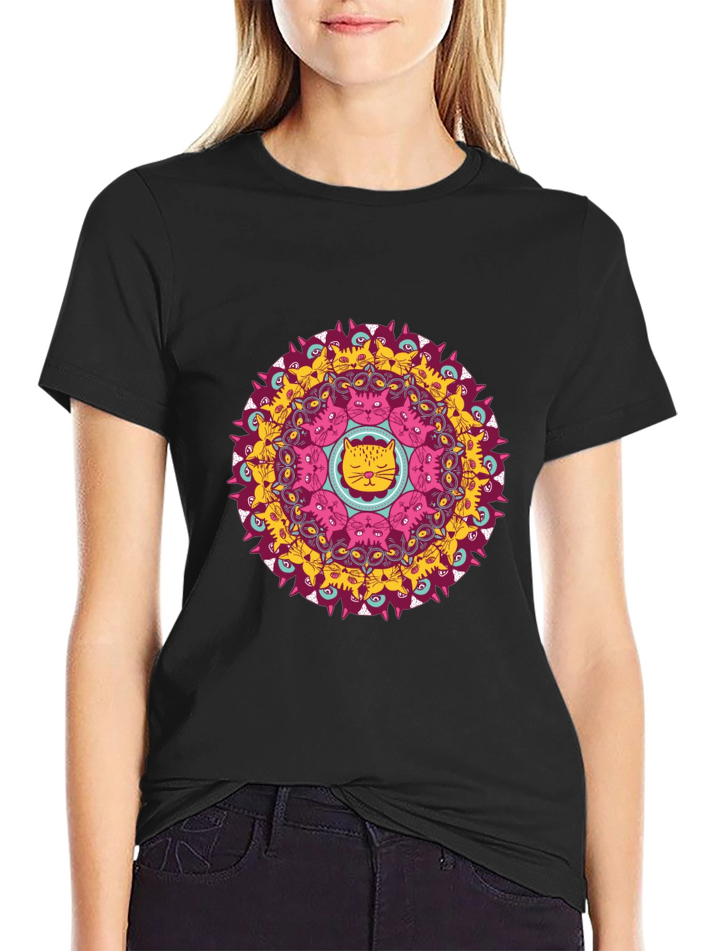 Cat Mandala Graphic Print Black T-Shirt