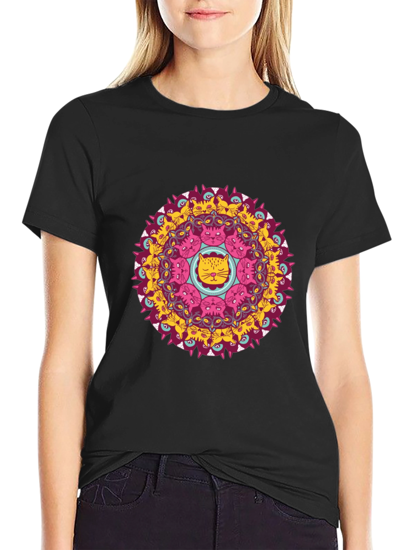 Cat Mandala Graphic Print Black T-Shirt