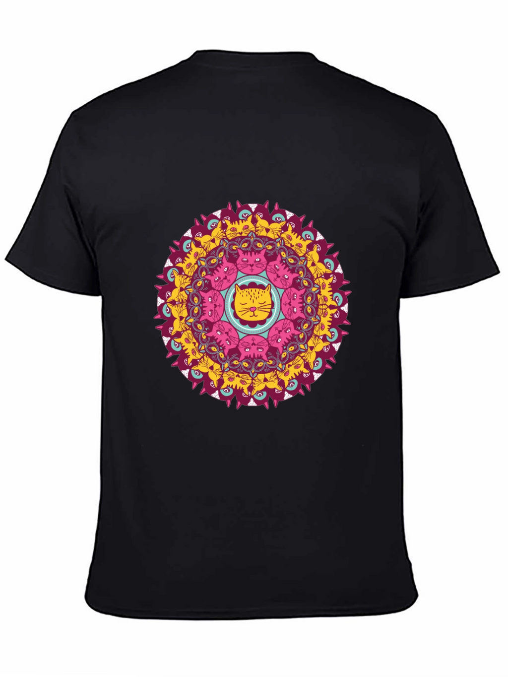 Cat Mandala Graphic Print Black T-Shirt