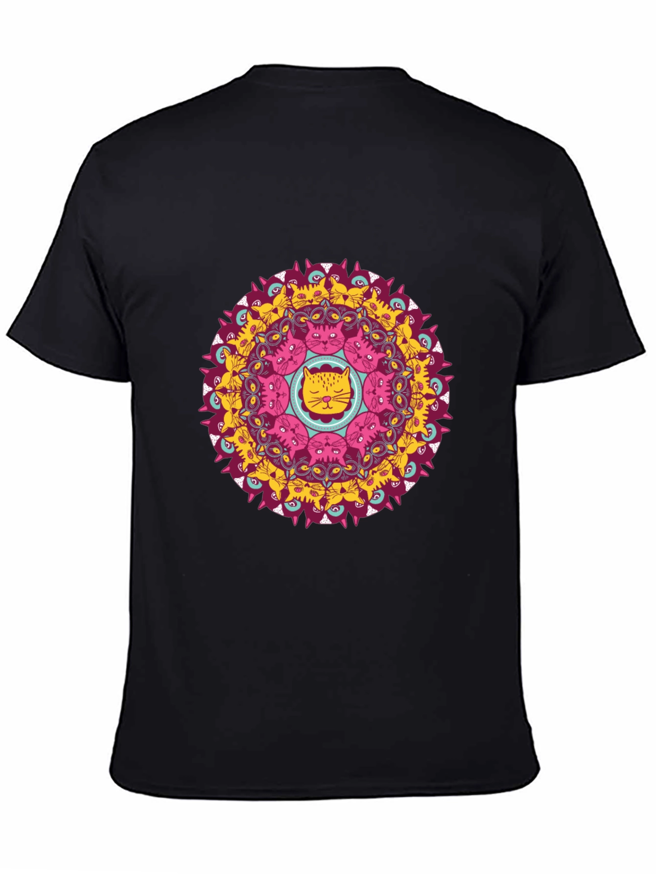 Cat Mandala Graphic Print Black T-Shirt