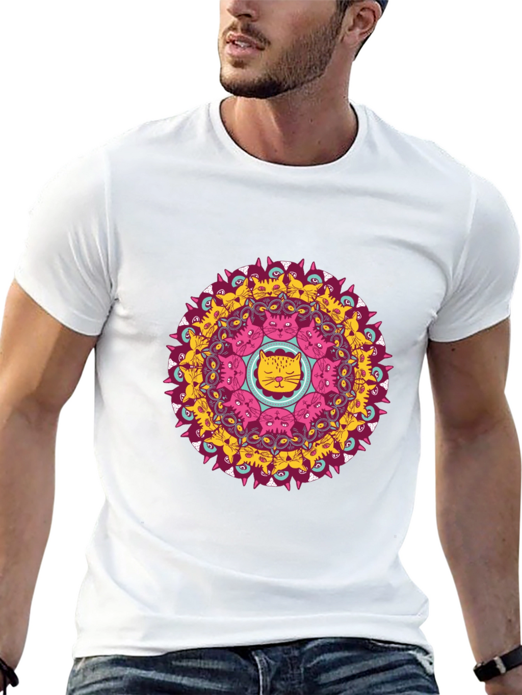 Cat Mandala Graphic Print Black T-Shirt