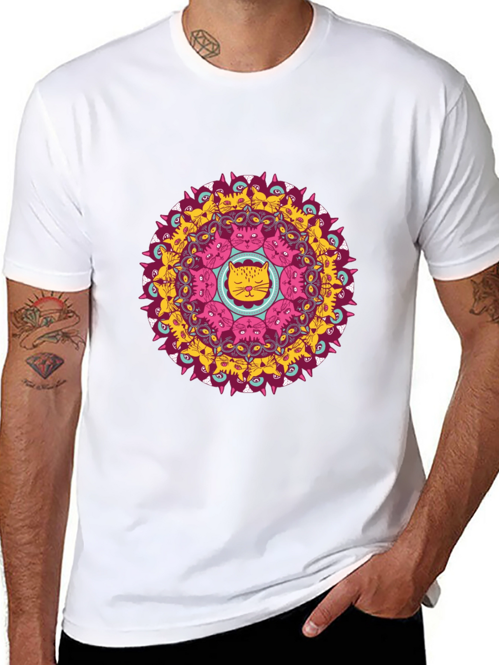 Cat Mandala Graphic Print Black T-Shirt