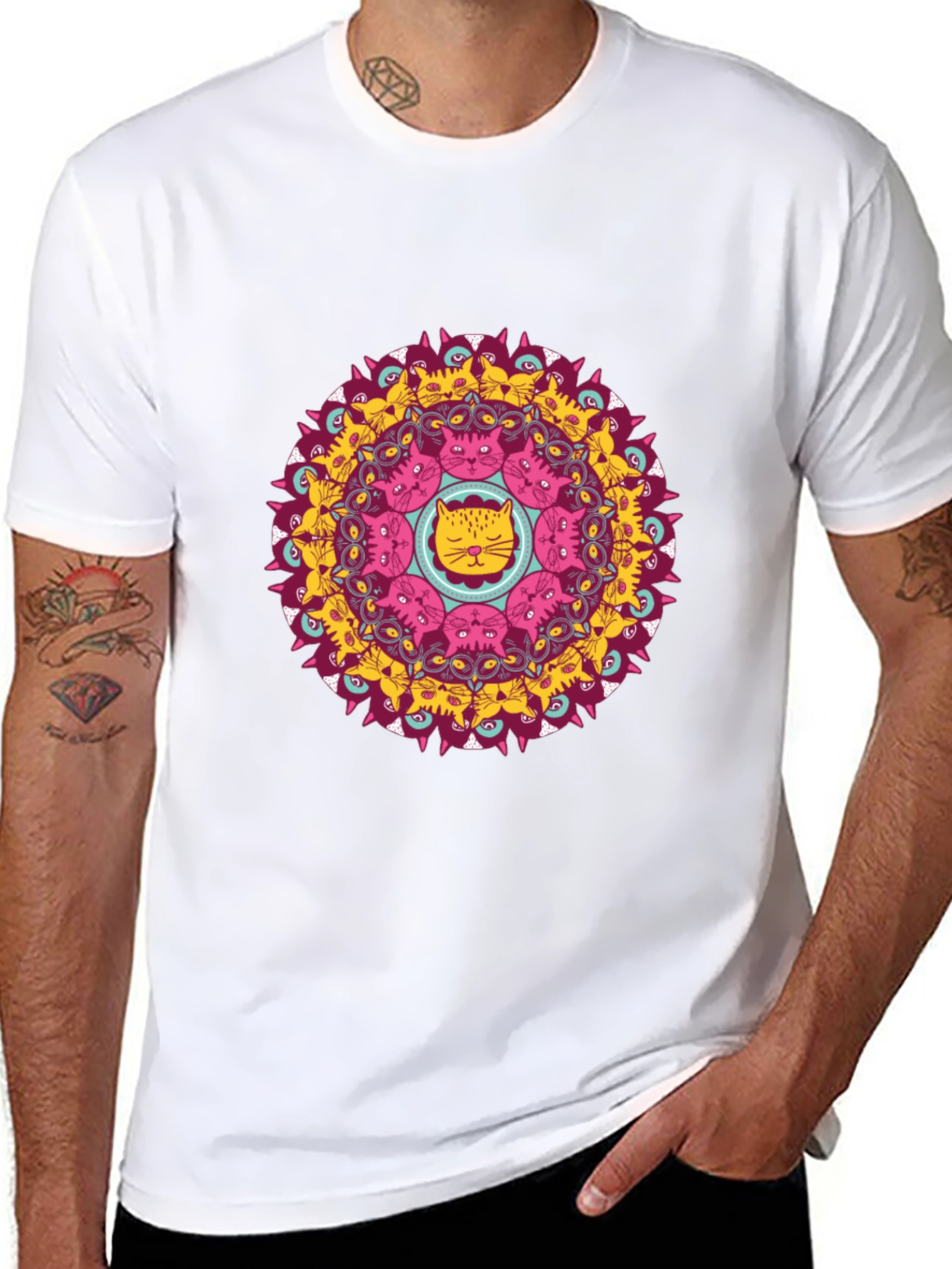 Cat Mandala Graphic Print Black T-Shirt