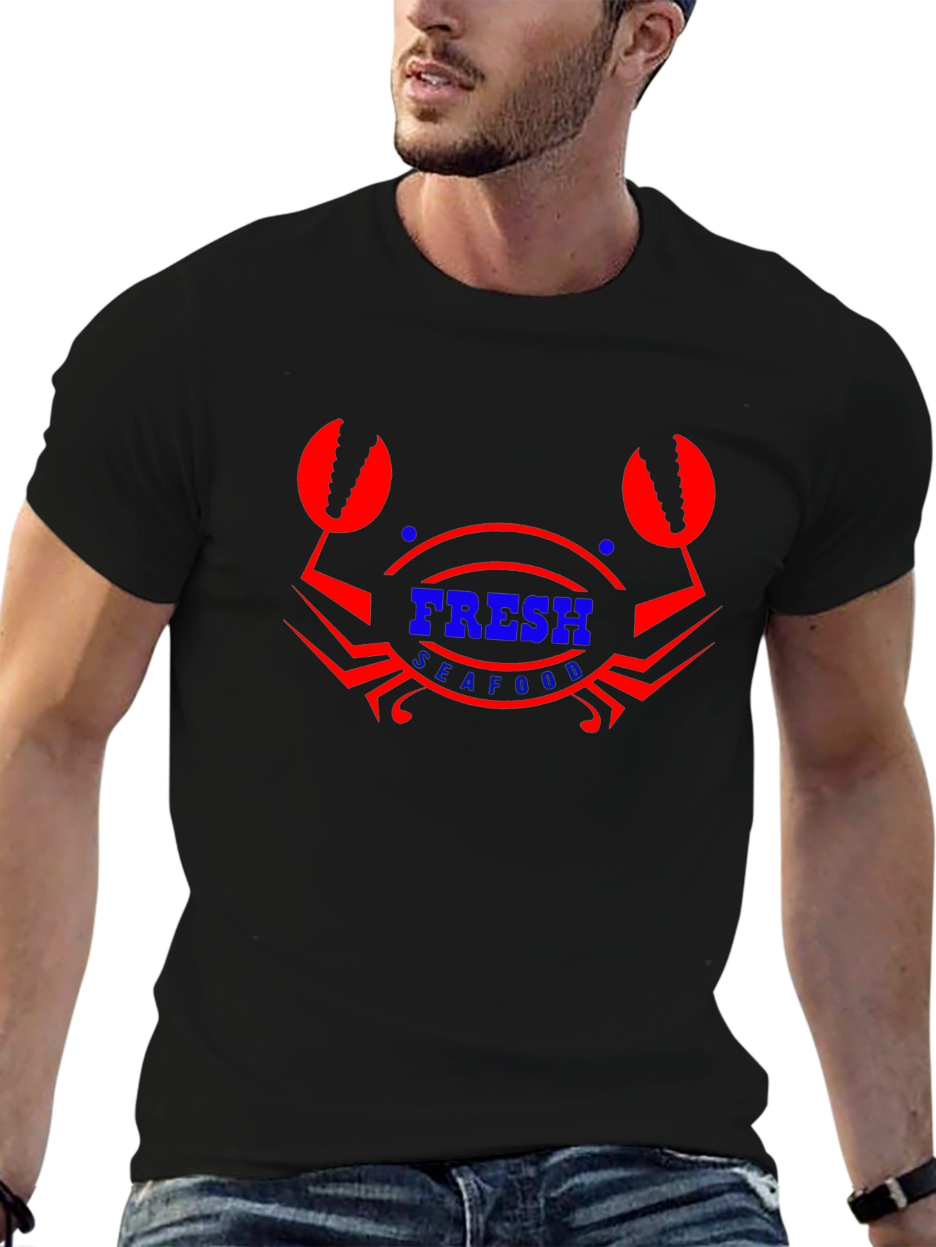 Fresh Seafood Graphic T-Shirt - Black Cotton Blend
