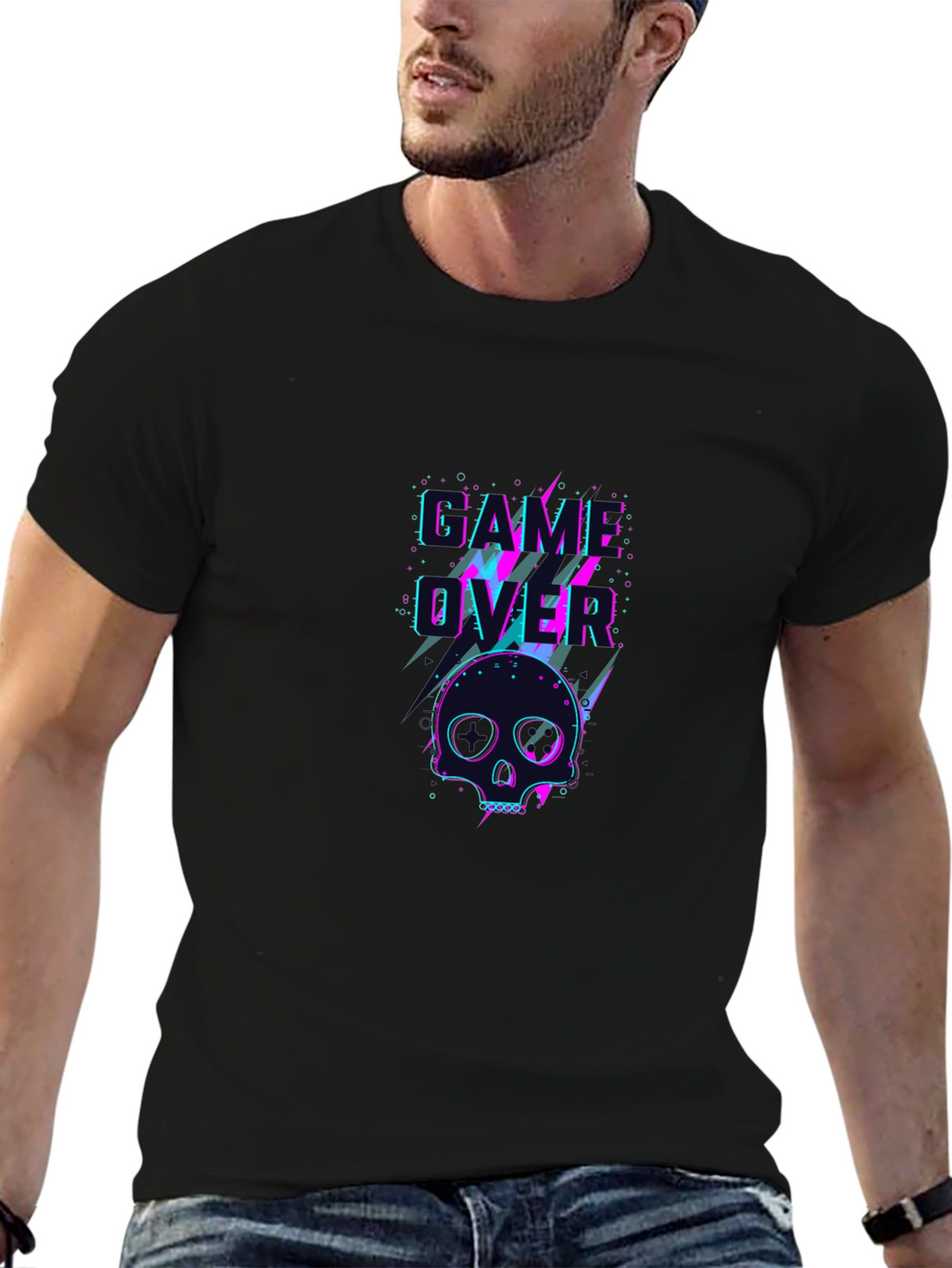 Game Over Skull Graphic Tee - Black