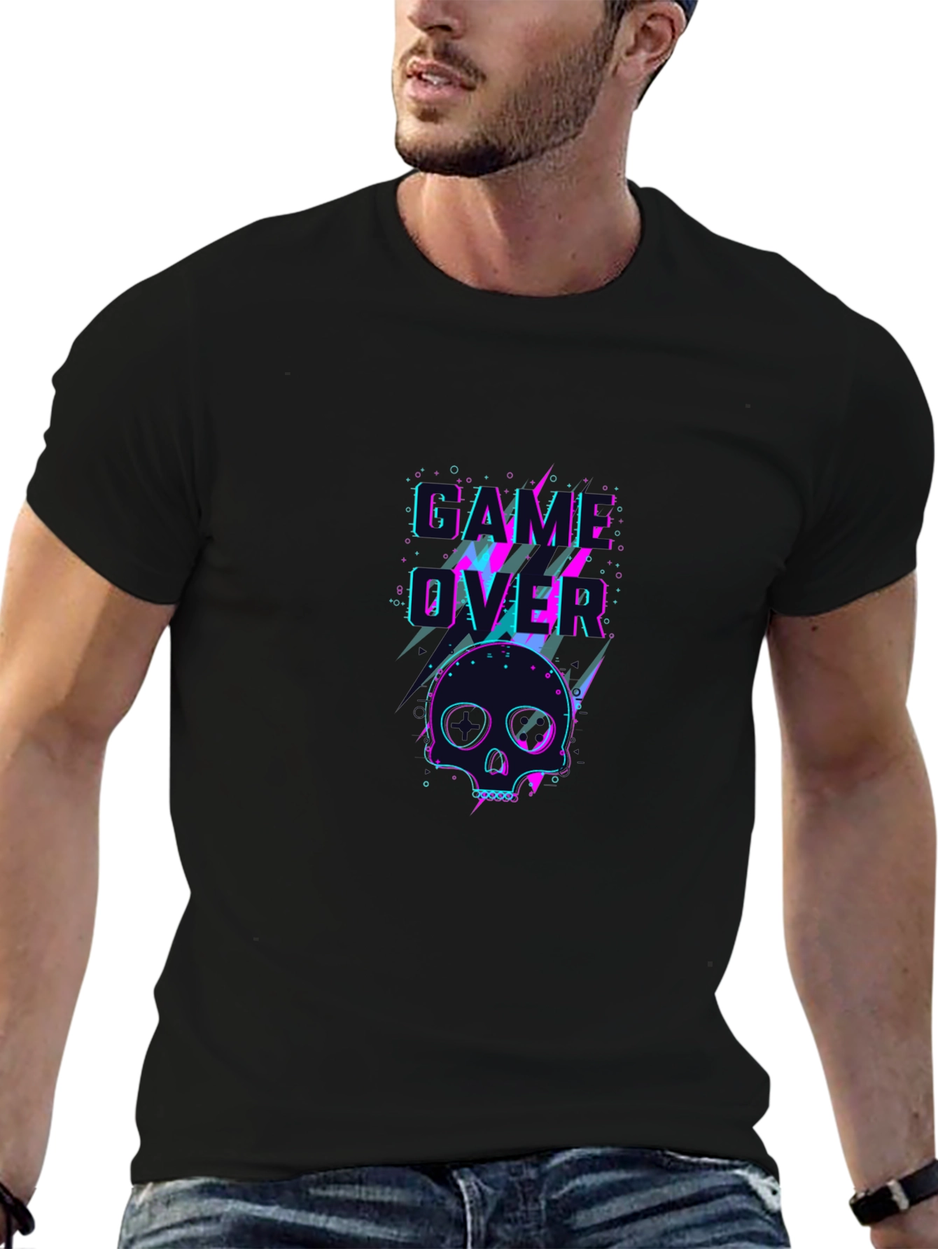 Game Over Skull Graphic Tee - Black