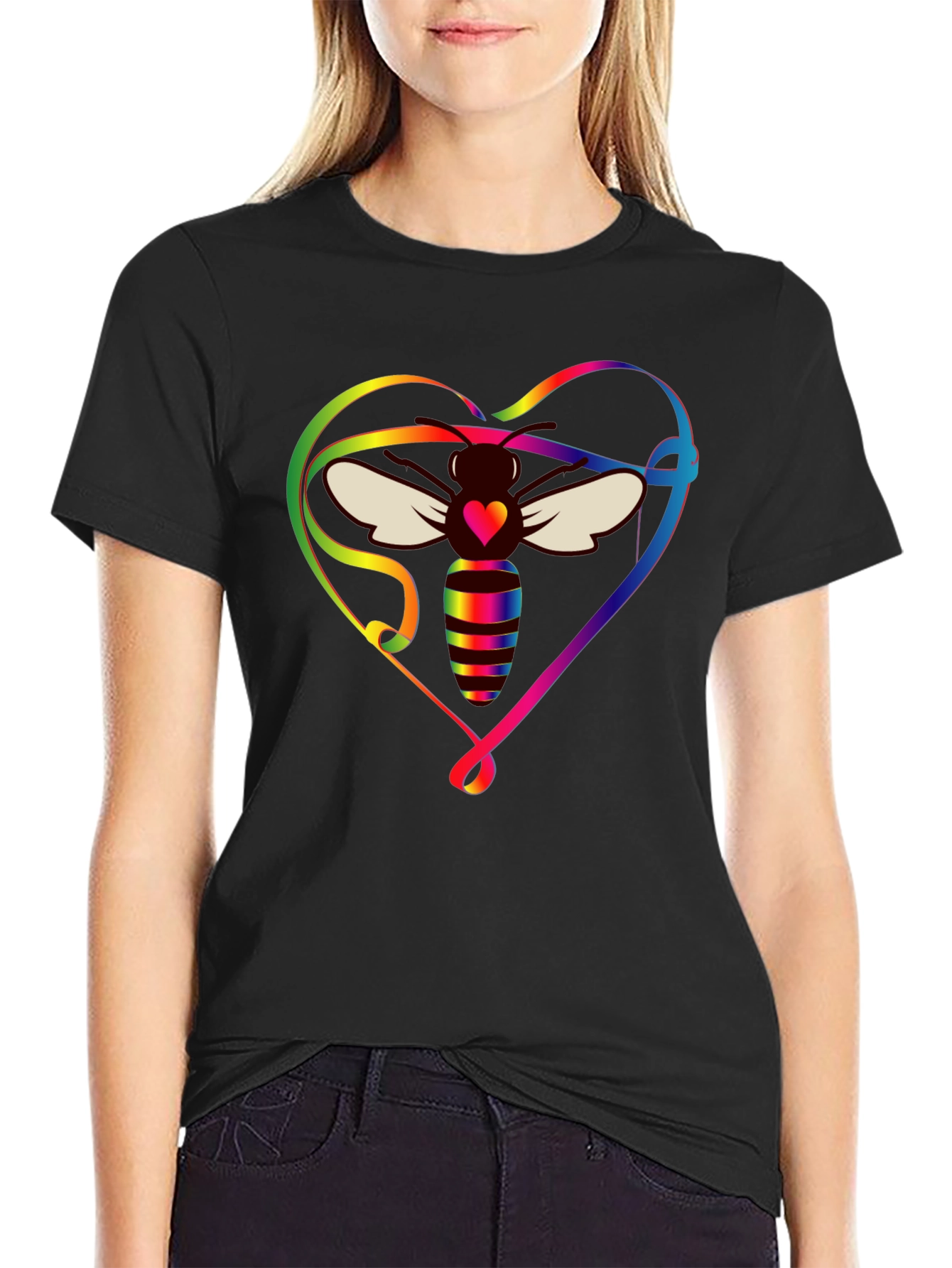 Rainbow Bee Heart Graphic T-Shirt