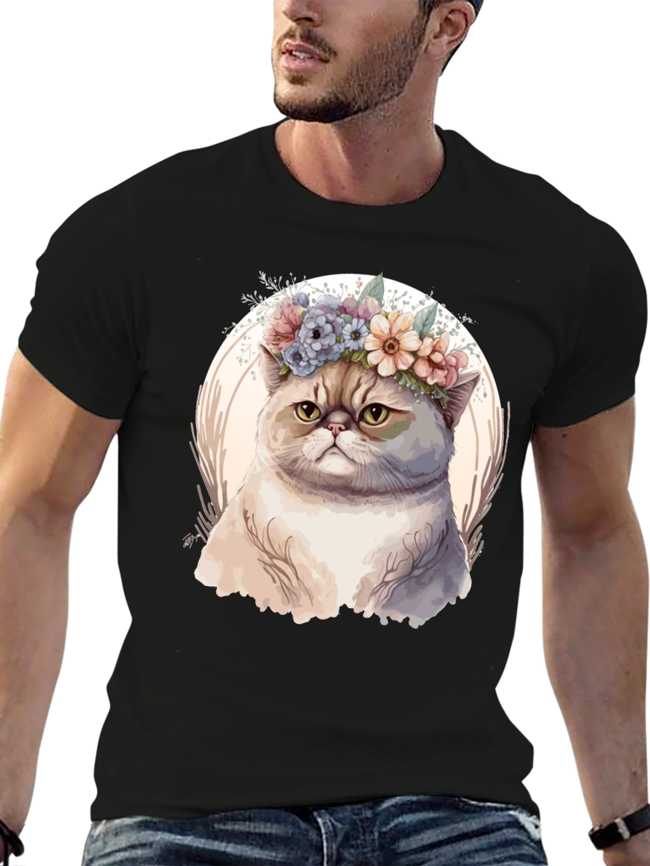 Floral Crown Cat Graphic Tee - Unique Design