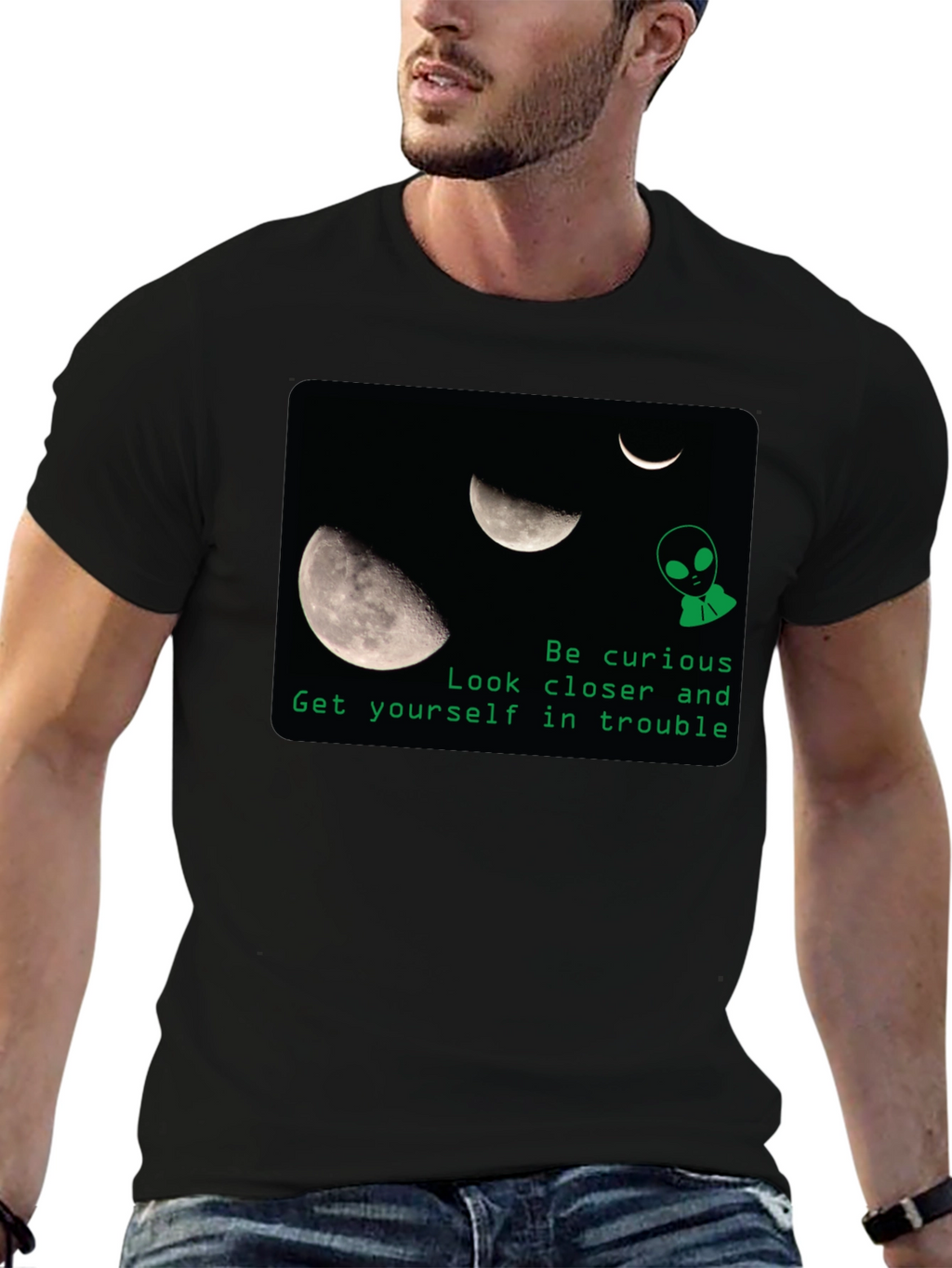 Curious Alien Moon Graphic T-Shirt