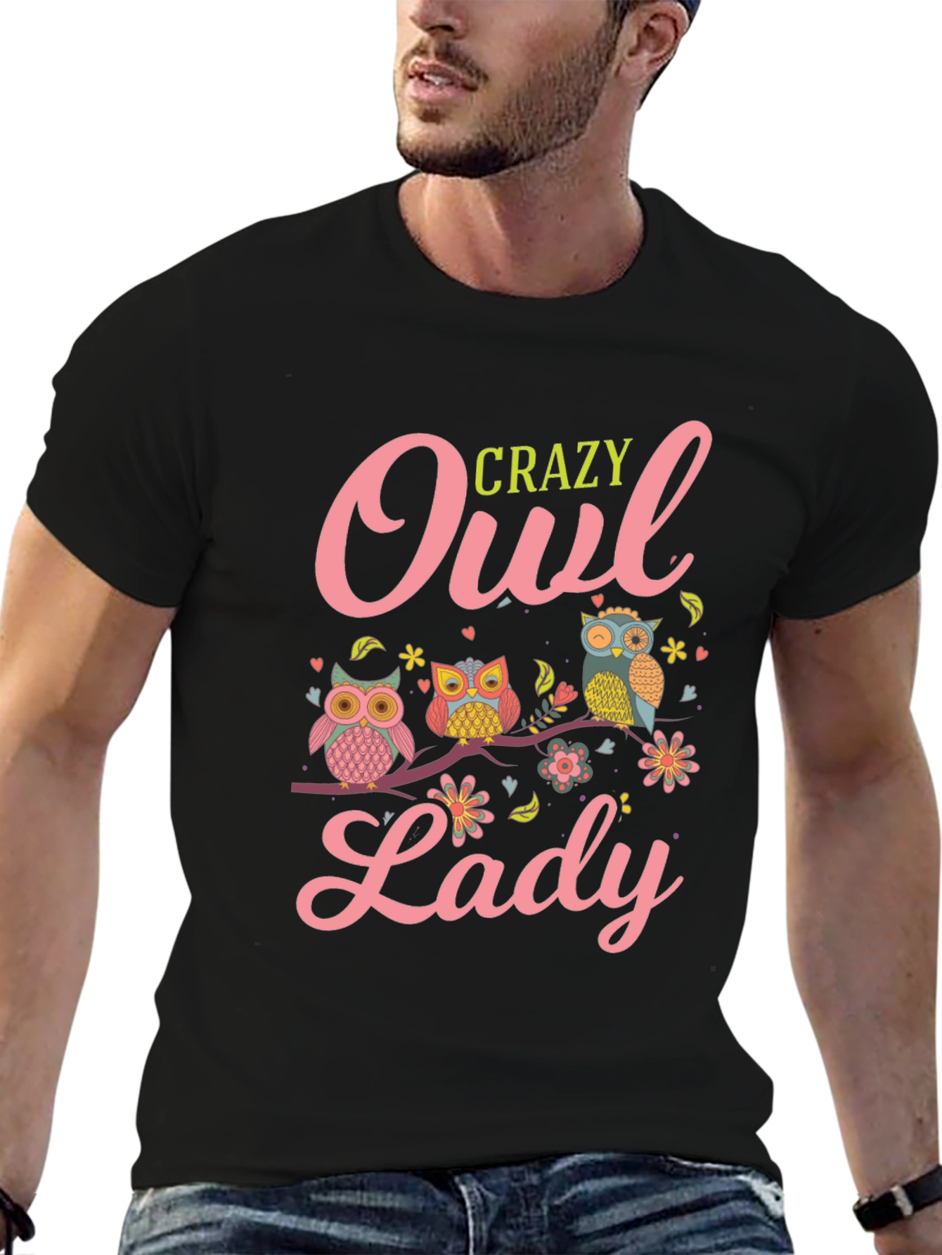 Crazy Owl Lady T-Shirt - Black Cotton Tee