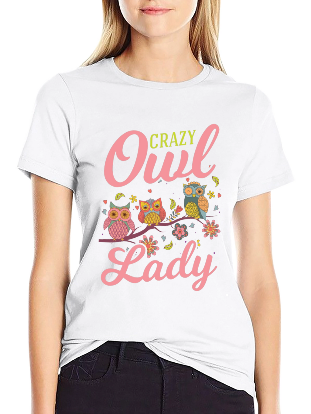 Crazy Owl Lady T-Shirt - Black Cotton Tee