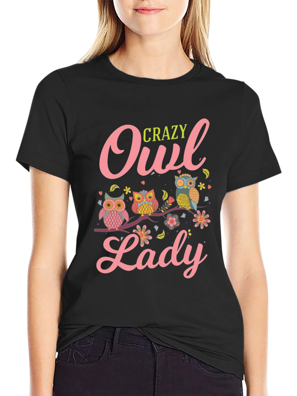 Crazy Owl Lady T-Shirt - Black Cotton Tee