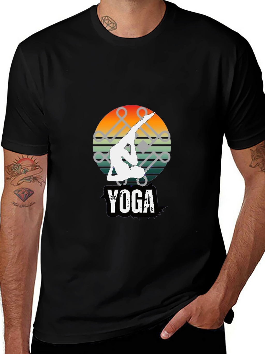 Yoga Pose Graphic Tee - Sunset Design Black Shirt