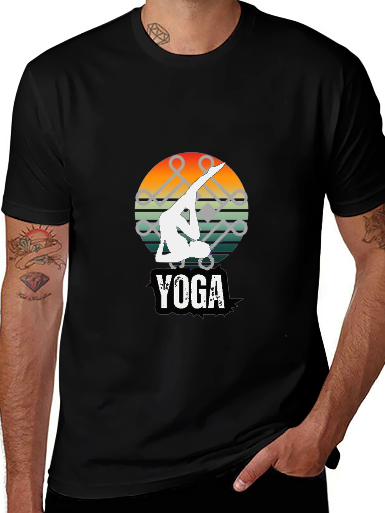 Yoga Pose Graphic Tee - Sunset Design Black Shirt