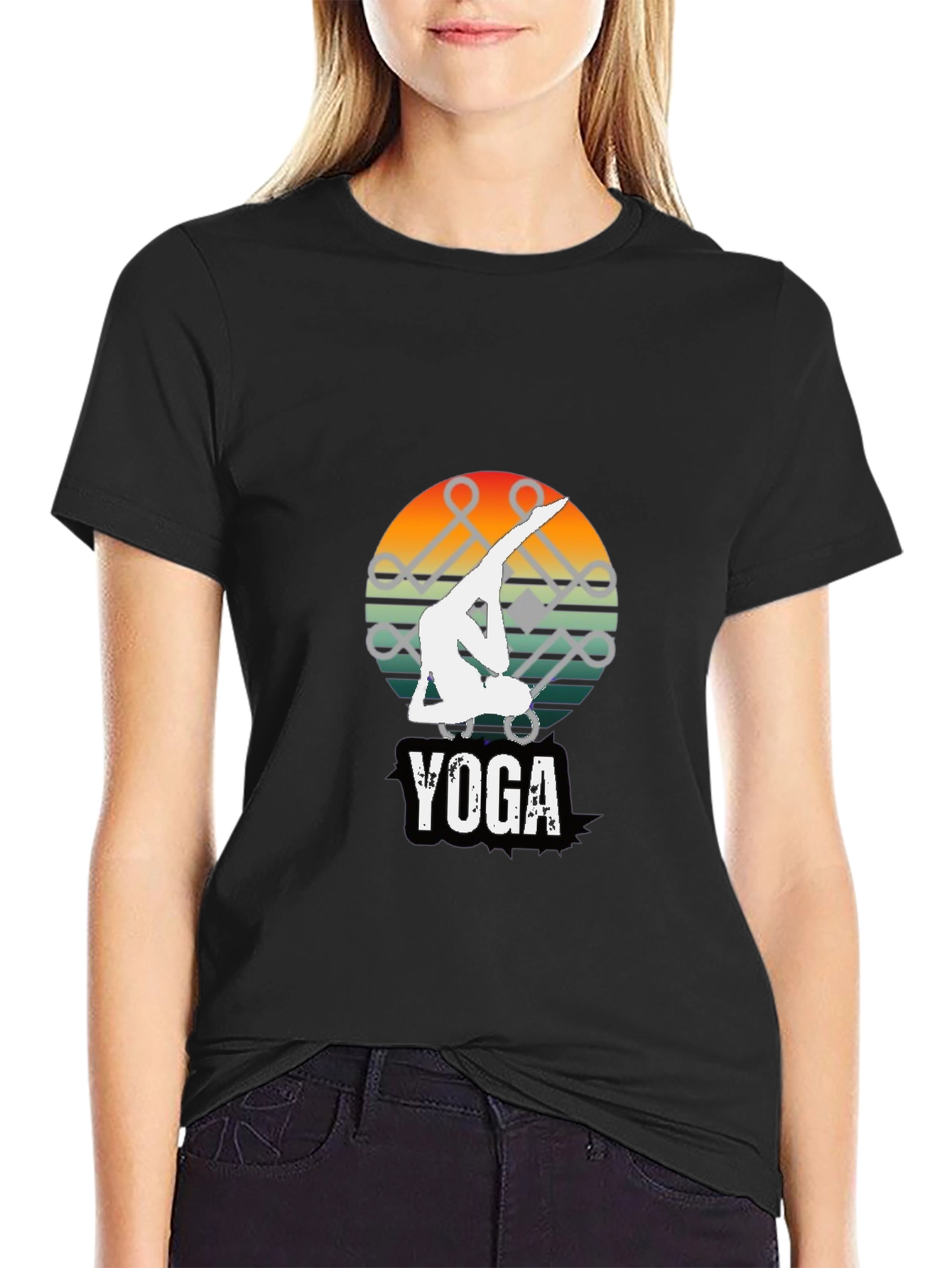 Yoga Pose Graphic Tee - Sunset Design Black Shirt