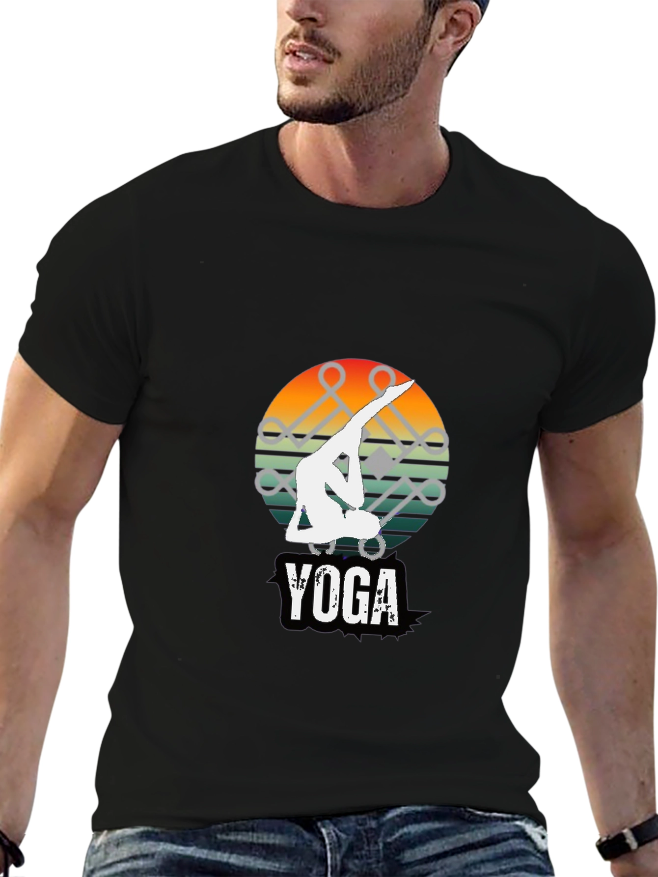 Yoga Pose Graphic Tee - Sunset Design Black Shirt