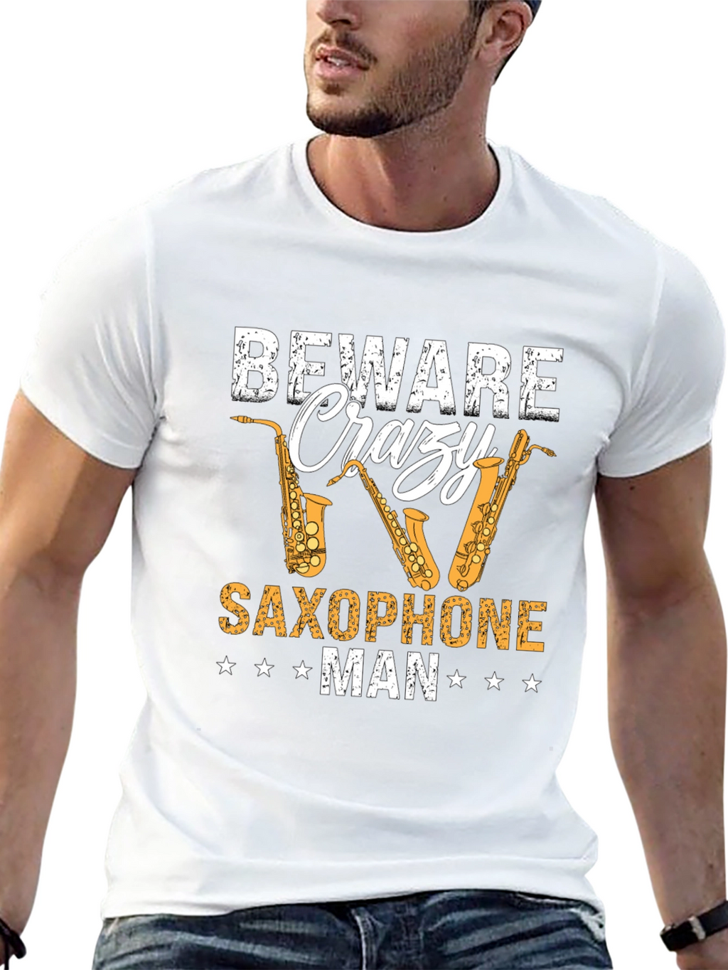 Beware Crazy Saxophone Man Black T-Shirt