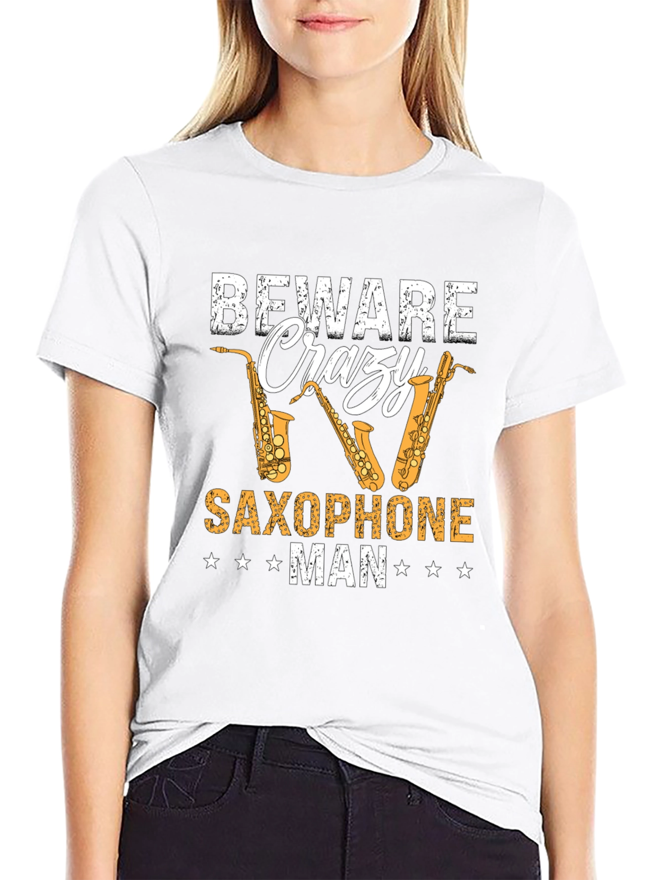 Beware Crazy Saxophone Man Black T-Shirt