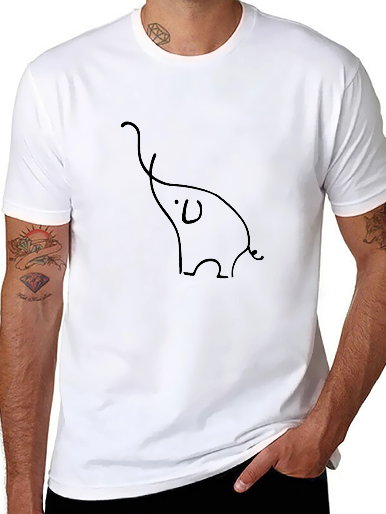 Minimalist Elephant Line Art Black T-Shirt