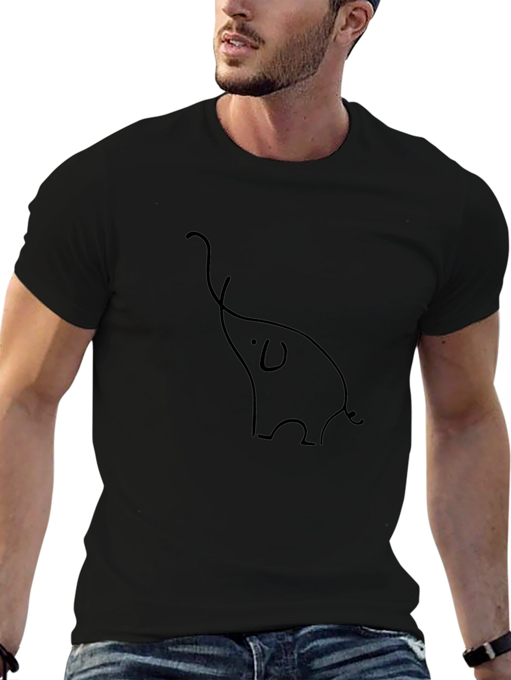 Minimalist Elephant Line Art Black T-Shirt