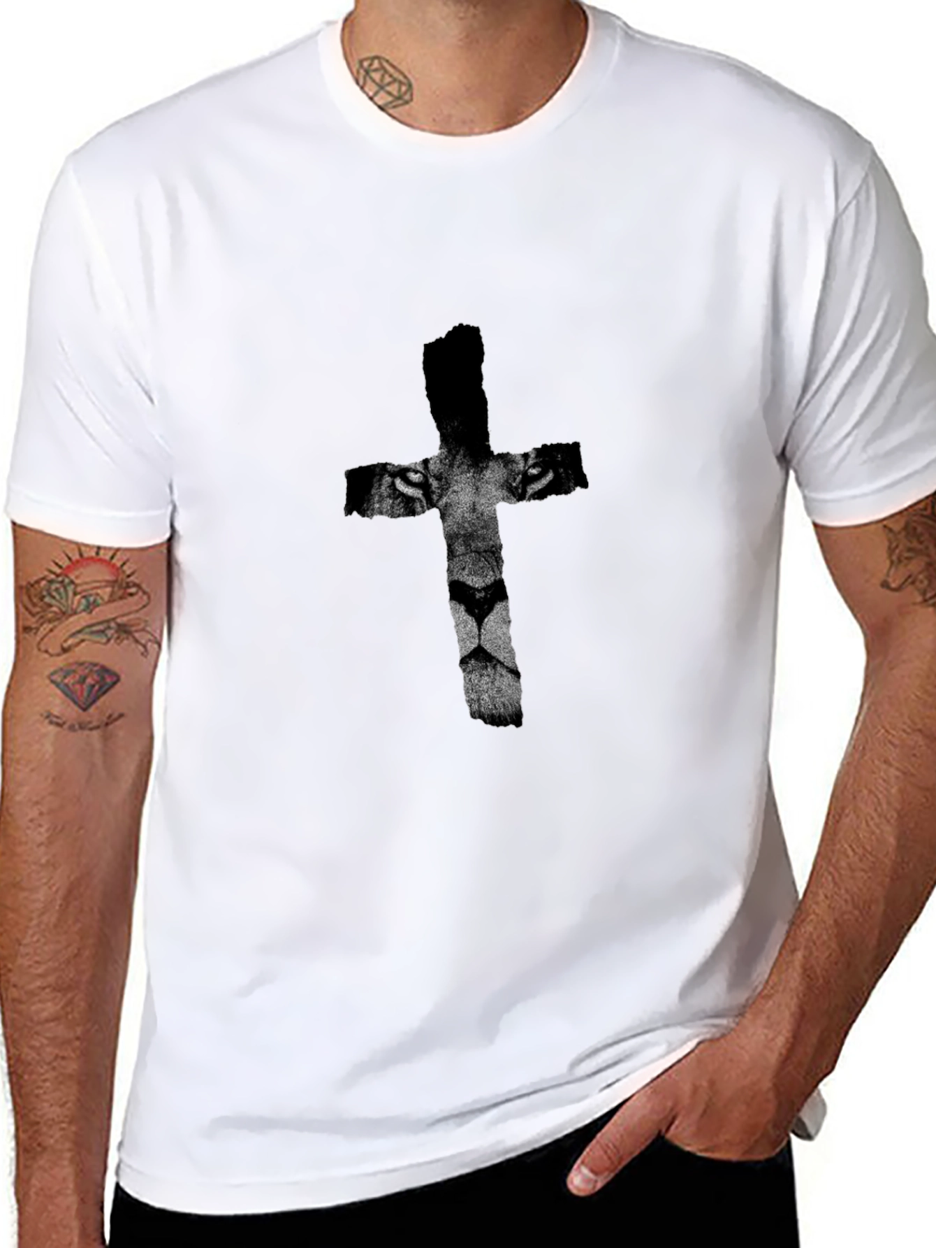Lion Cross Graphic Print Black T-Shirt